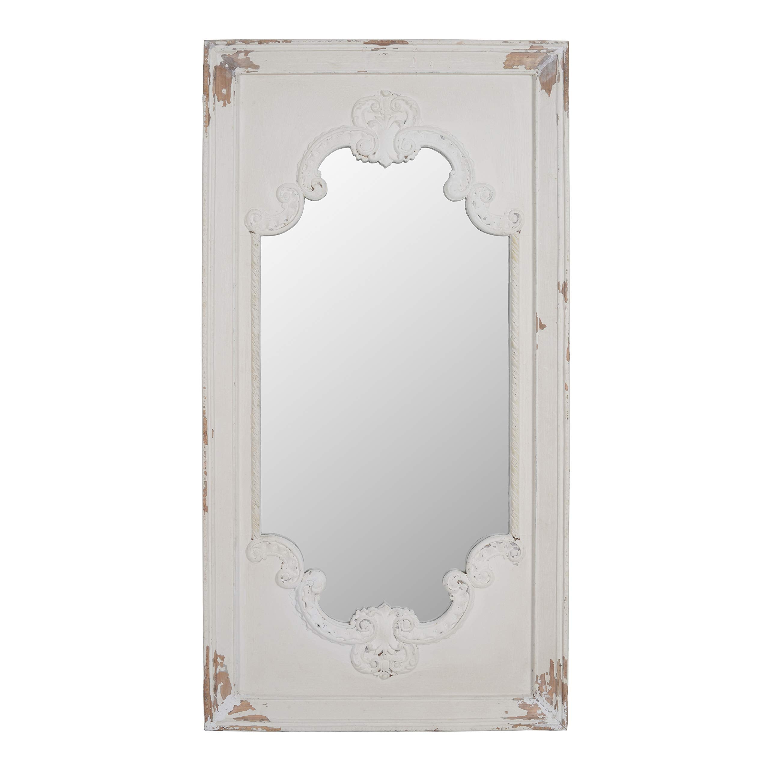 Benjara Wooden Rectangle Wall Mirror with Chipped Edges and Hook, White