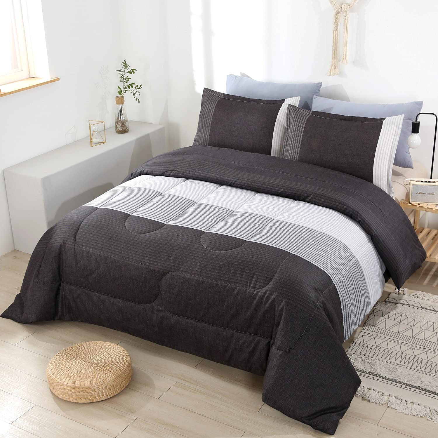Perfemet Striped Comforter Set Twin Size 3 Pieces, Black White Grey Patchwork Bedding Set For Boys Men, Microfiber Lightweight A