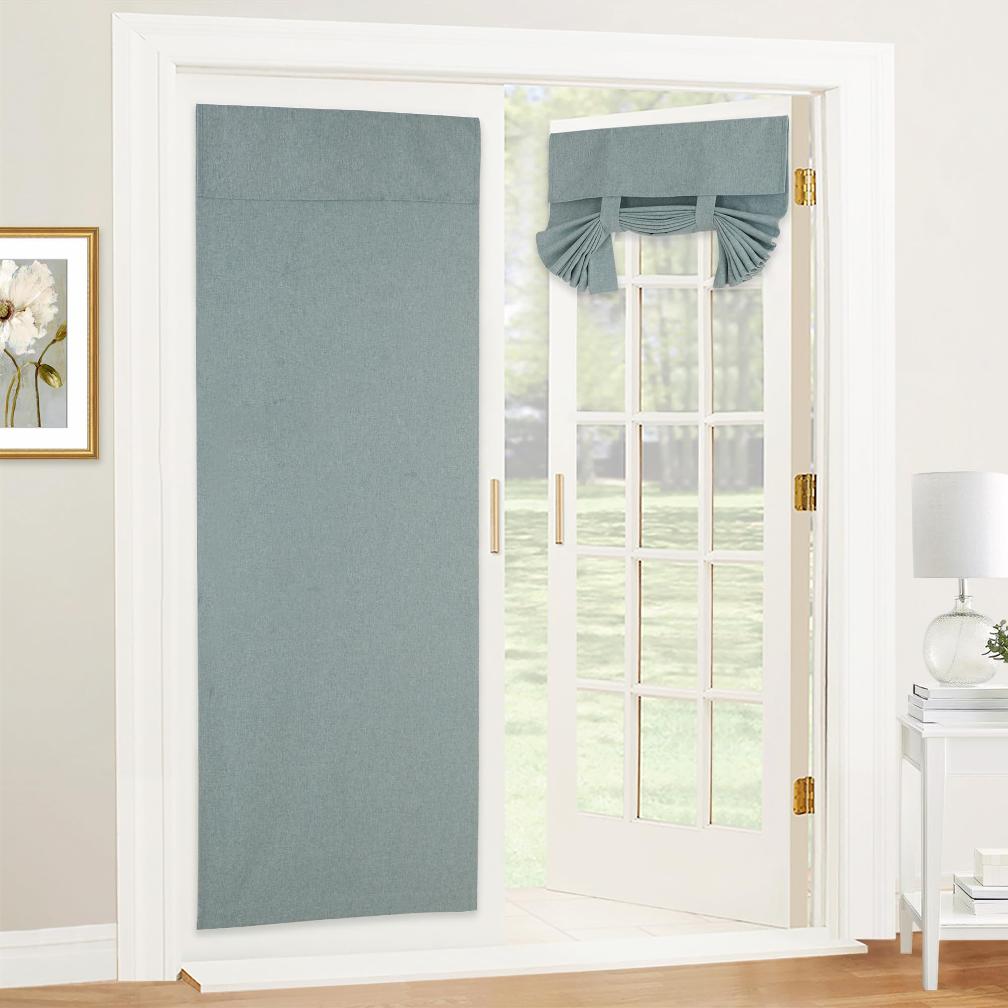 Ryb Home Linen Blended French Door Shades Self Adhesive, Privacy Room Darkening Glass Door Window Curtains For Kitchen Patio Door Sidelight Curtain Tie Up Shades, W 34 X L 69 Inch, 1 Pc, Stone Blue