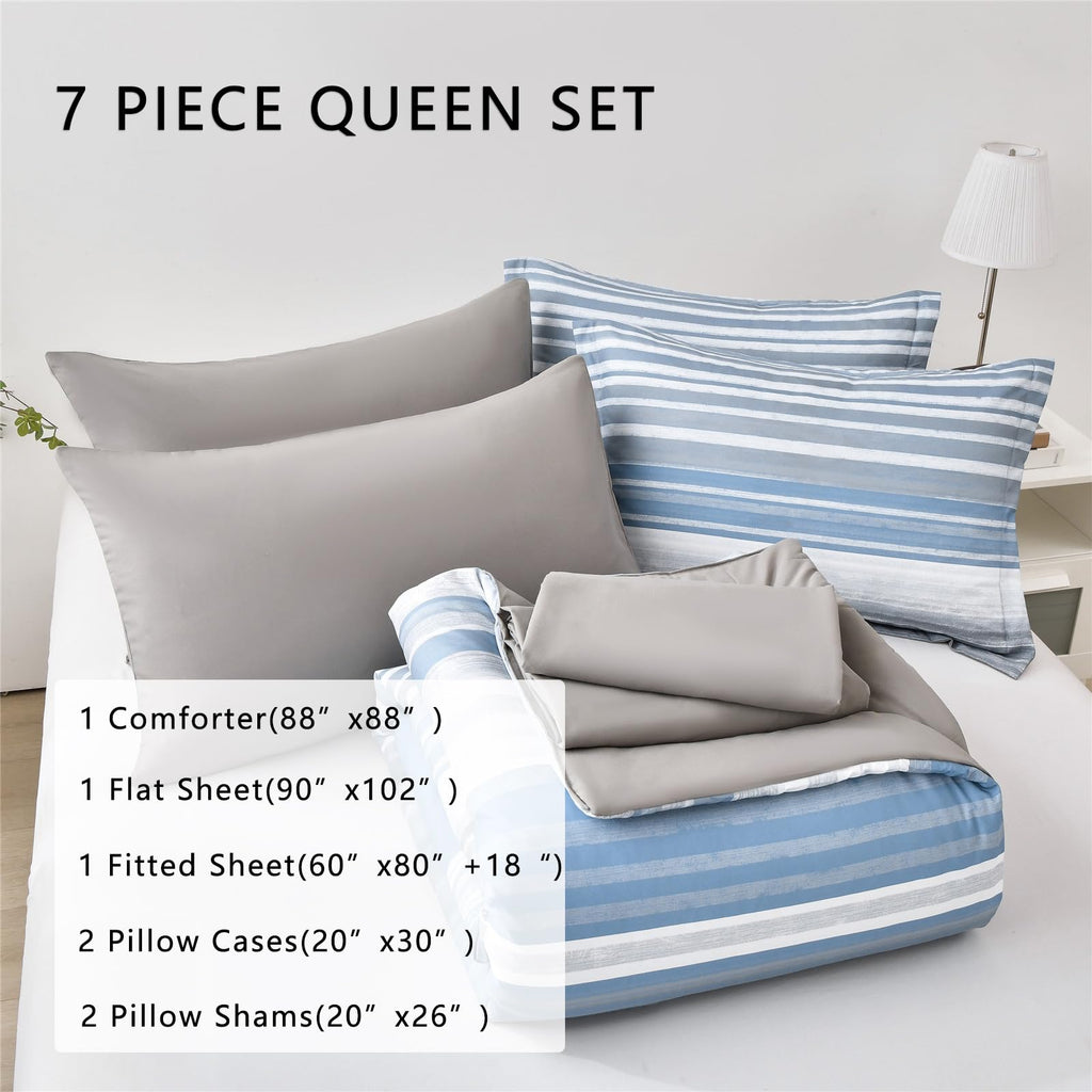 Kakijumn 7 Piece Bed In A Bag Stripe Comforter Set Queen Size, White Grey Blue Patchwork Striped Comforter And Sheet Set, All Se