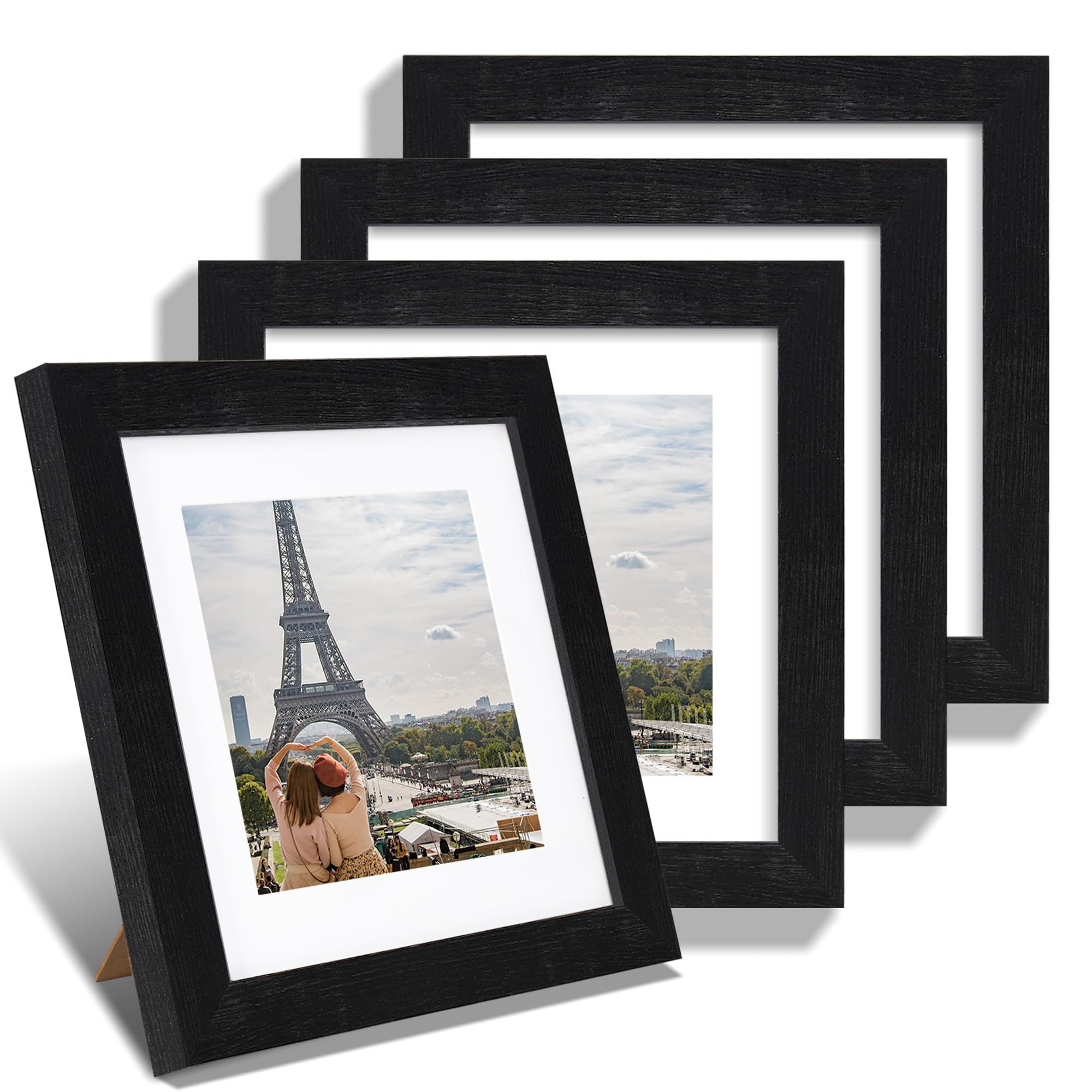 Hongkee 8x8 Picture Frames Set of 4, Made of Glass and Rustic Black Wooden Frame - Display Picture 6x6 with Mat or 8 x 8 Without