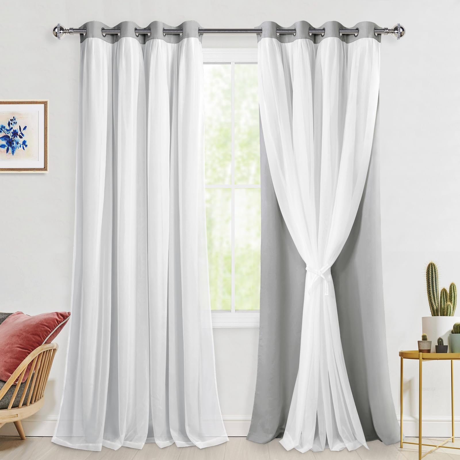 Hiasan Blackout Curtains with White Sheer Overlay, Mix & Match Double Layer Thermal Insulated Room Darkening Curtains for Bedroo