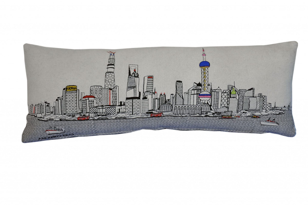 HomeRoots Cream 35' White Shanghai Daylight Skyline Lumbar Decorative Pillow