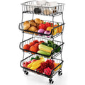 Fruit Vegetable Storage Basket, 4 Tier Stackable Metal Wire Storage Baskets with Wheels, Fruit Vegetable Produce Basket Organize