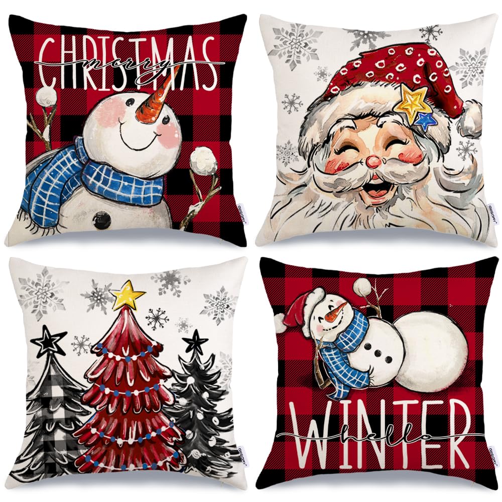 Geeory Merry Christmas Throw Pillow Covers 20X20 Inch Set Of 4, Santa Snowmen Xmas Trees Hello Winter Snowflake Holiday Farmhous