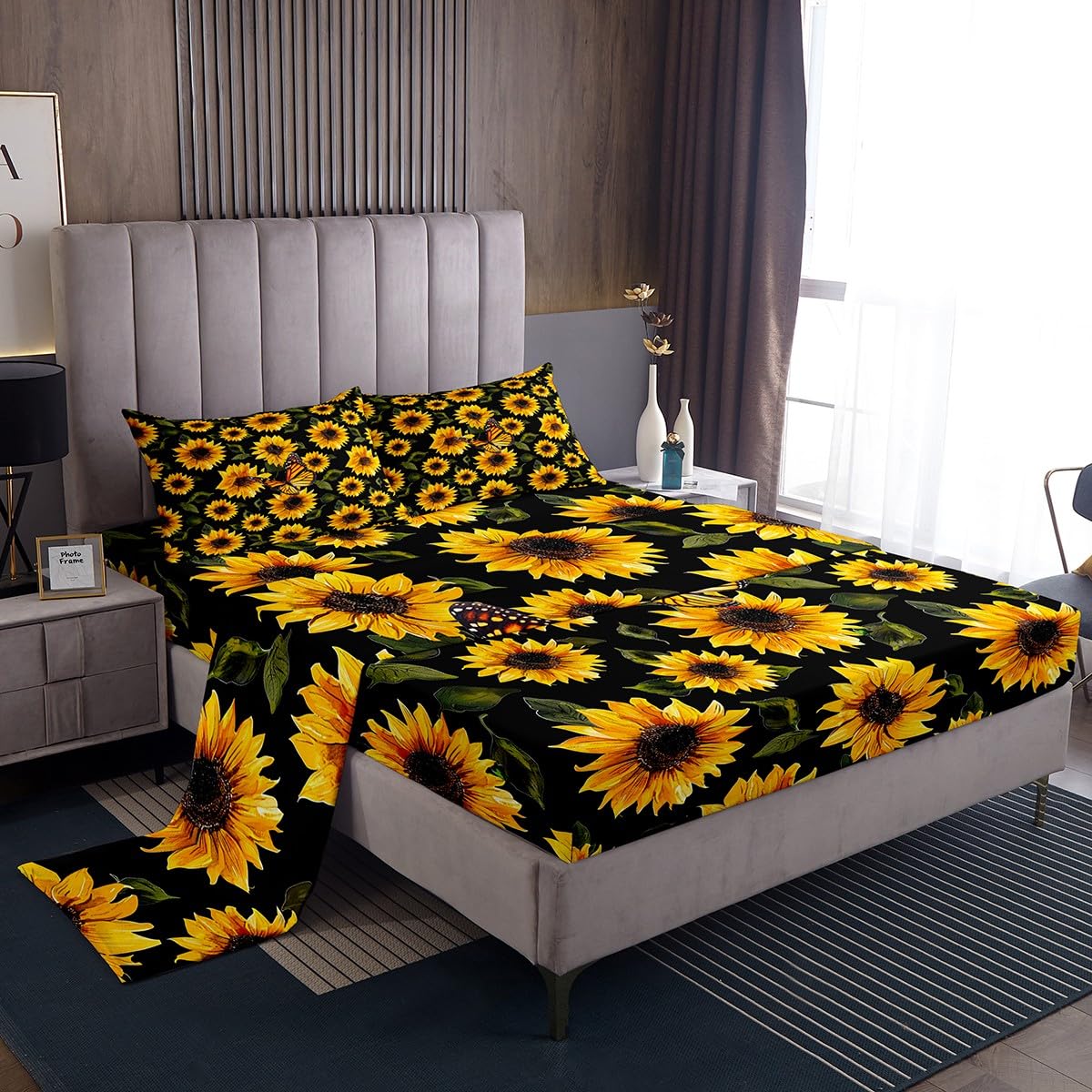 Feelyou Sunflower Bed Sheets Set Queen Girls Yellow Floral Butterfly Sheet Set For Kids Women Bedroom Chic Flowers Pattern Beddi