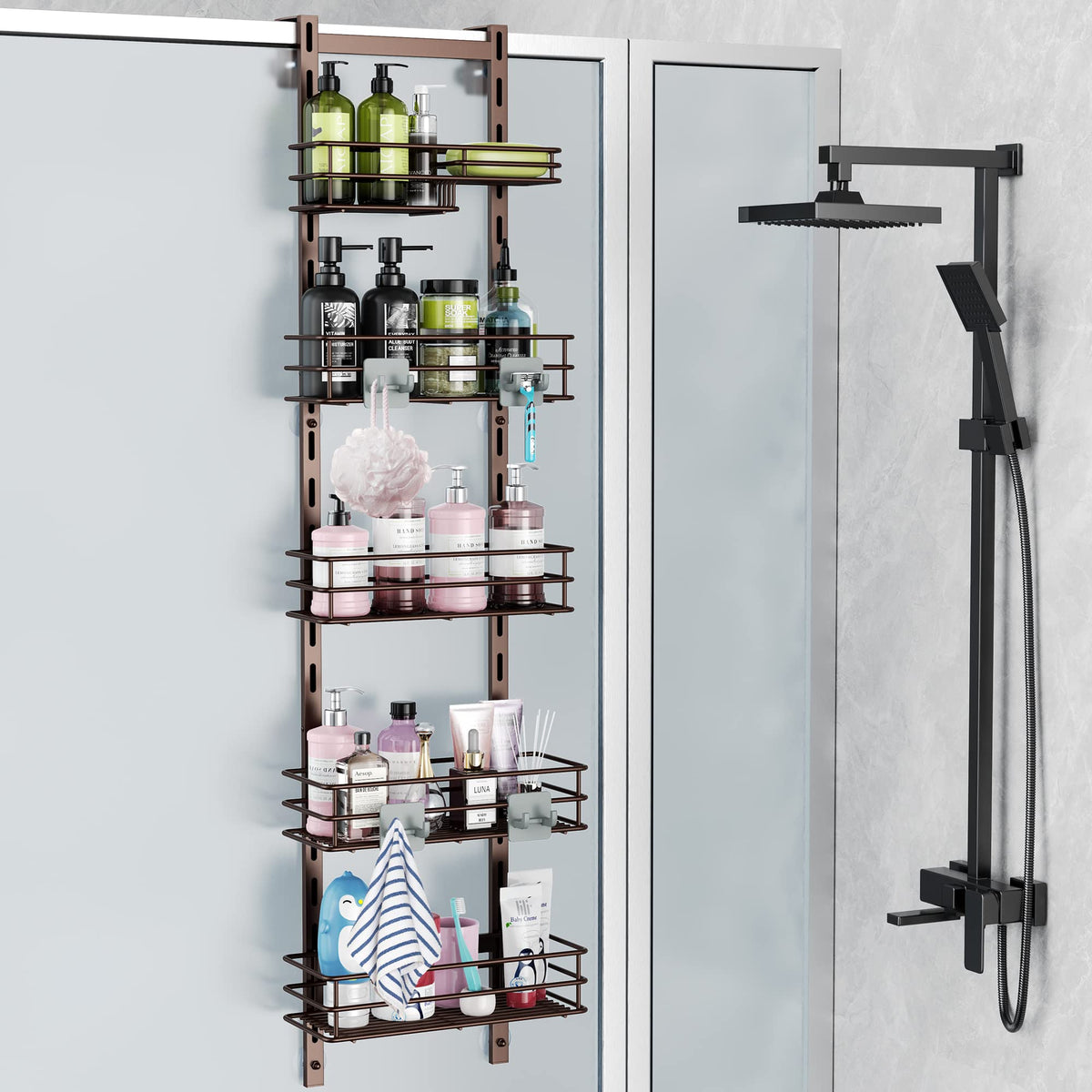 Orimade Over the Door Shower Caddy Adjustable 5 Tier Bronze,Bathroom Hanging Organizer Shelf Rustproof with 4 Hooks,Shower Baske