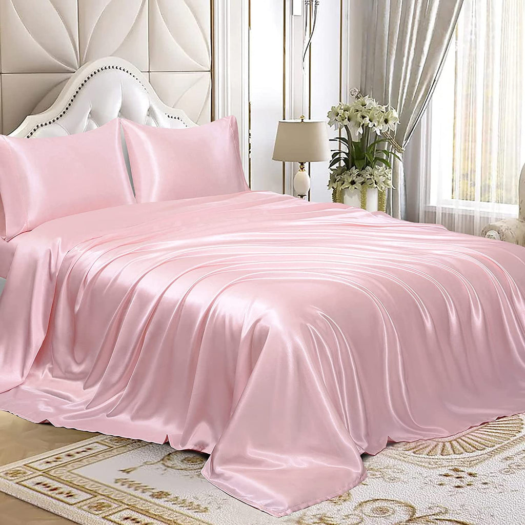 Homiest 5Pcs Satin Split King Sheets Sets For Adjustable Bed, Luxury Silky Satin Bedding Set With Deep Pocket, 2 Fitted Sheets + 1 Flat Sheet + 2 Pillowcases (Split King Size, Blush Pink)
