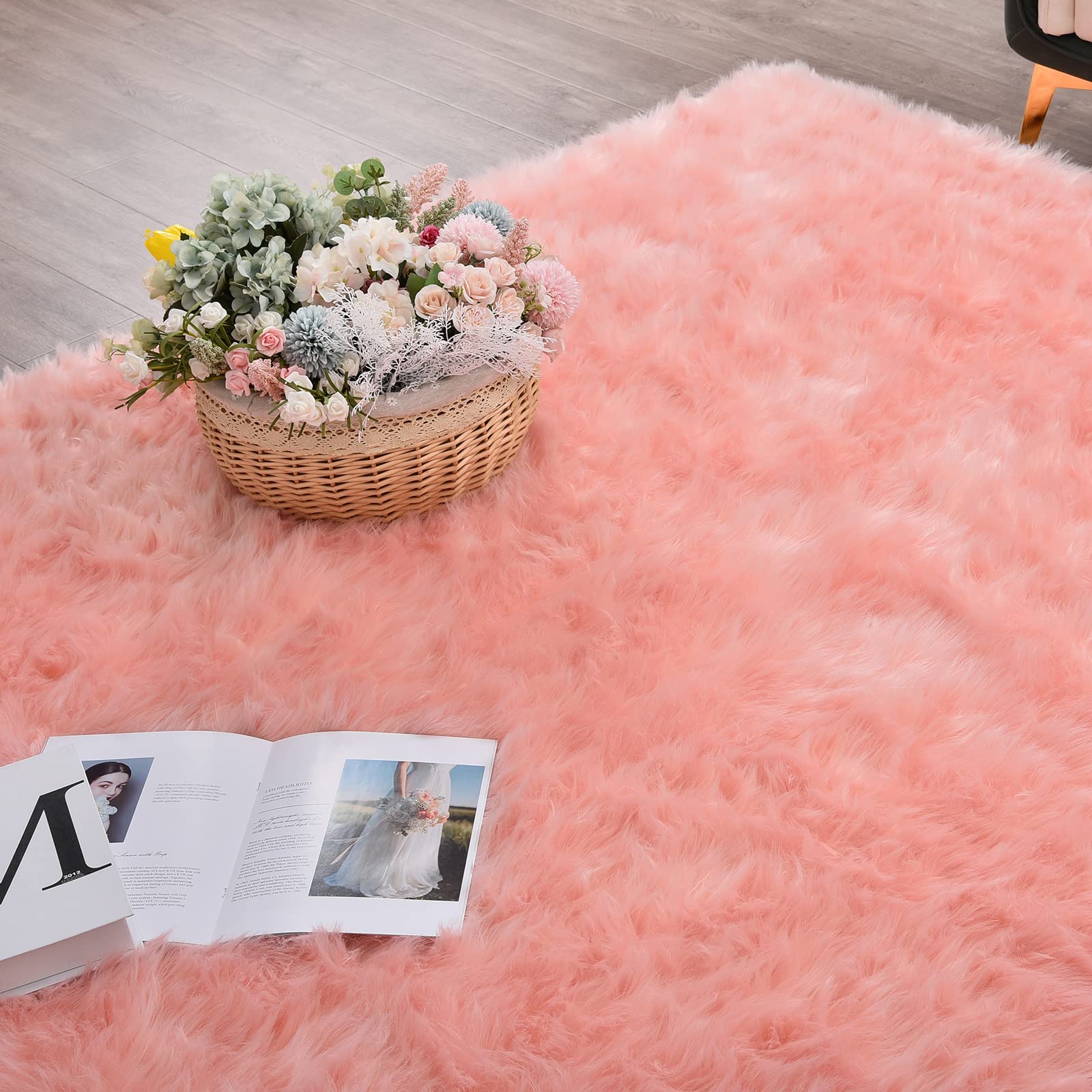 Orinova Small Pink Fluffy Sheepskin Fur Area Rugs For Bedroom Washable Furry Carpet Rug For Living Room Faux Fur Rug 2X3 Nursery