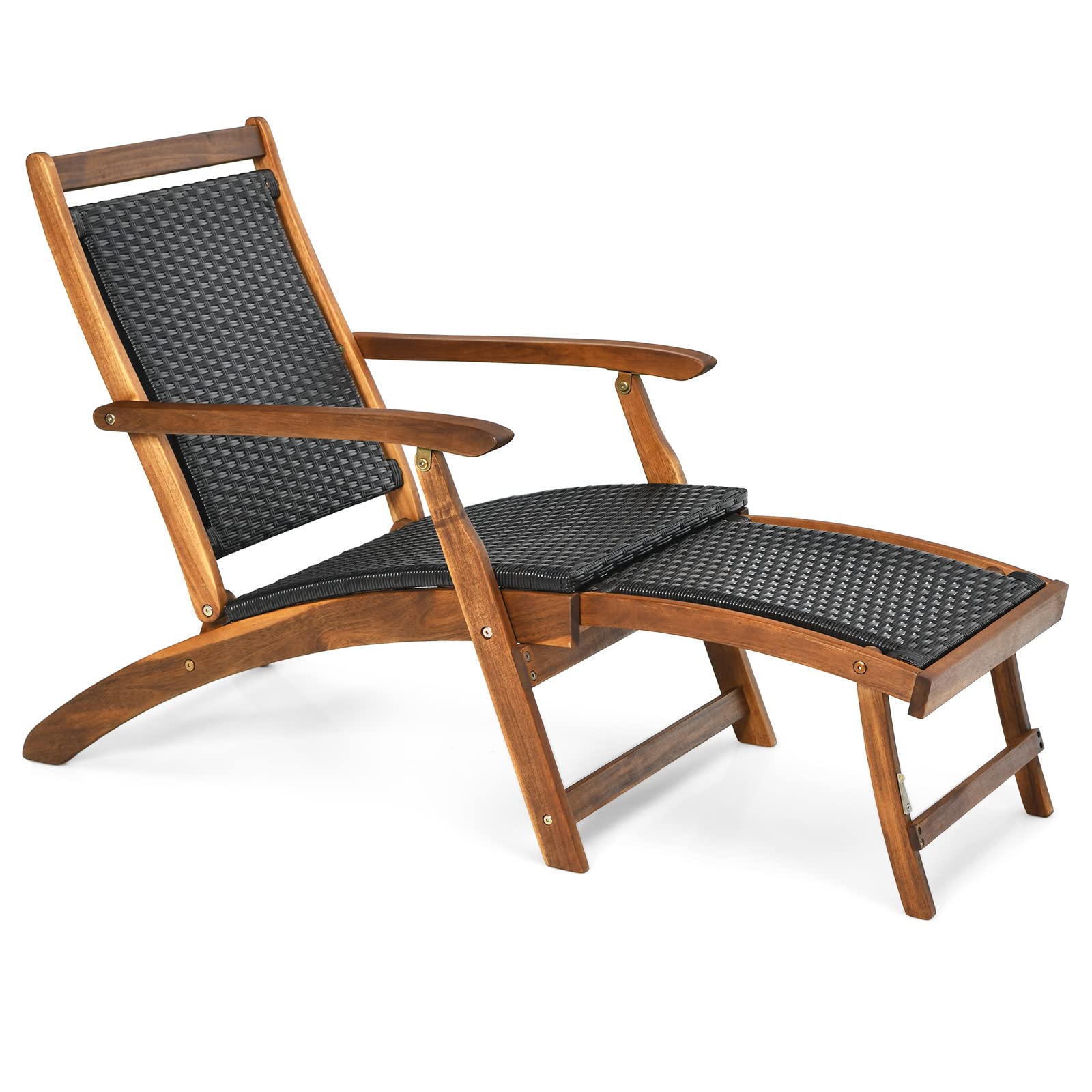 Happygrill Patio Chaise Lounge Chair With Retractable Footrest, Acacia Wood Lounge Chair, Rattan Wicker Folding Chaise Lounge, Collapsible Lounge Chair For Poolside Patio Garden Porch