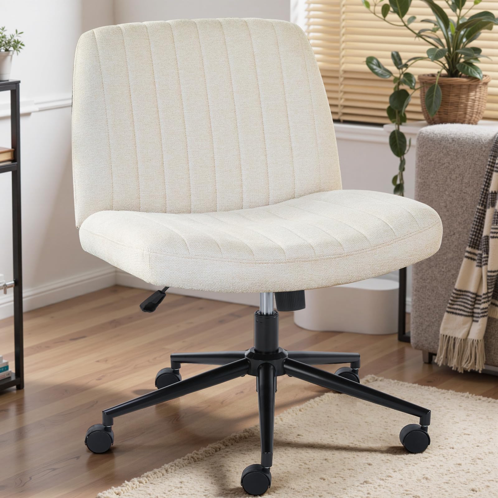 DUMOS Criss Cross Chair with Wheels, Wide Cross Legged Office Desk Vanity Chairs, Fabric Armless Adjustable Swivel Chairs for Ho