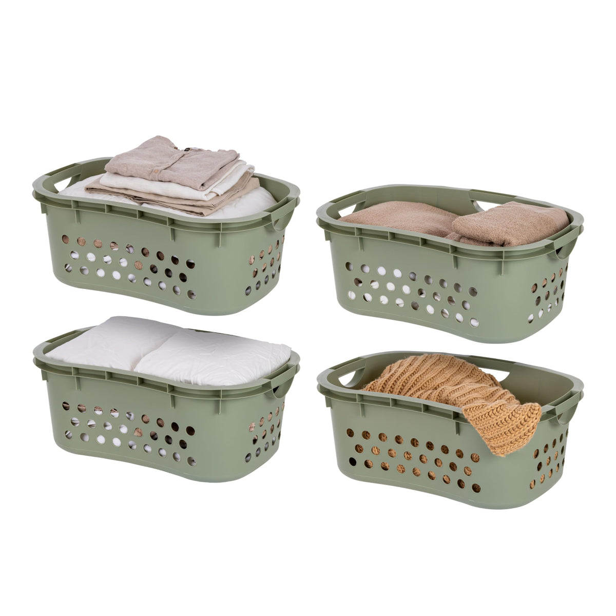 IRIS USA Laundry Basket, 51L Plastic Hip Hold Hamper, 4 Pack, Sage Green