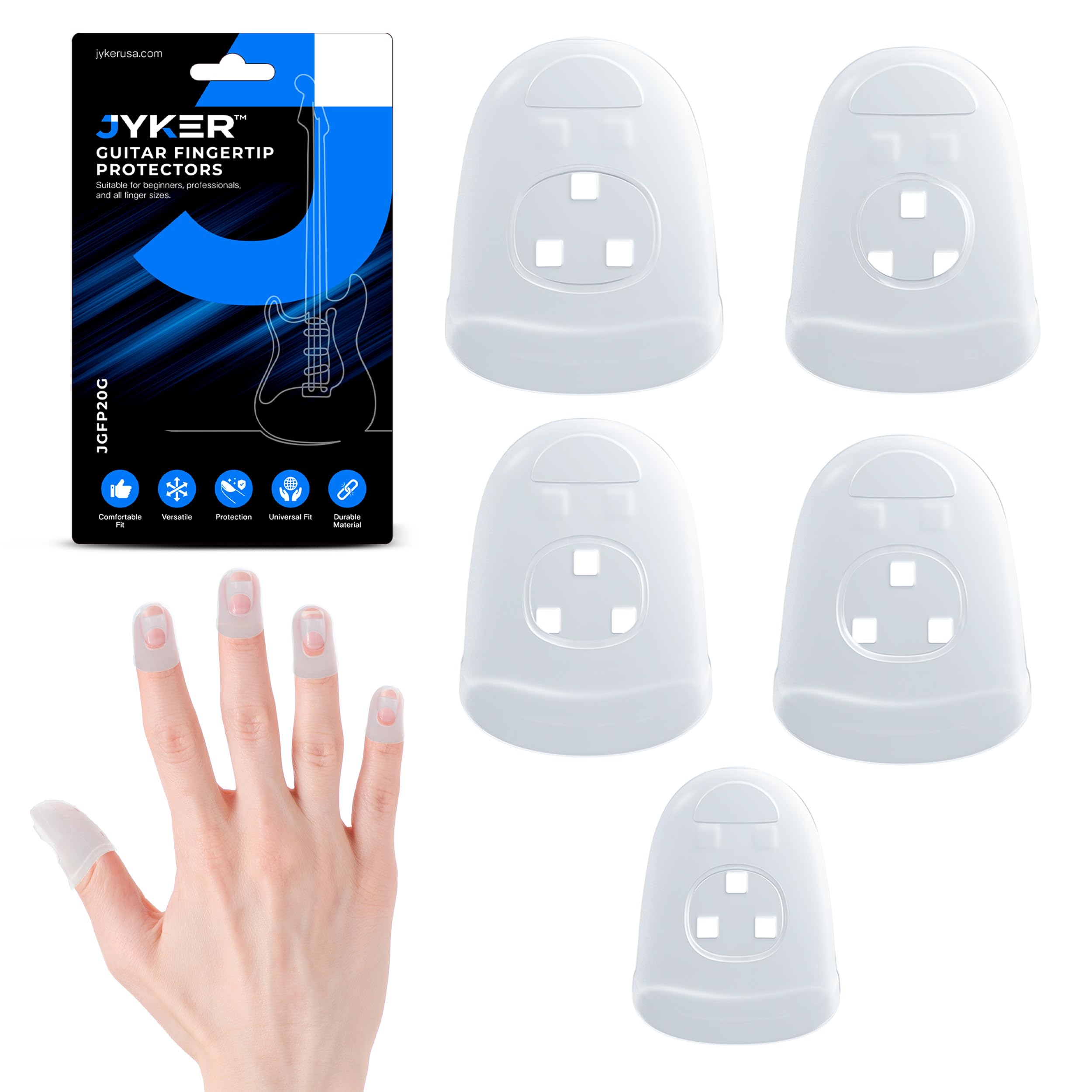 Jyker Usa Guitar Finger Protector - Finger Tips Guard 5 Sizes Thimble Finger Pads Grips Comfort Soft Silicone Ultimate Protectio