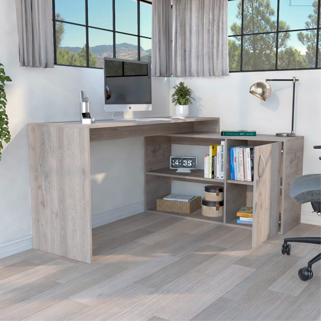 Pearl L Shaped Desk with Single Door Cabinet and 2 Shelves, Light Gray