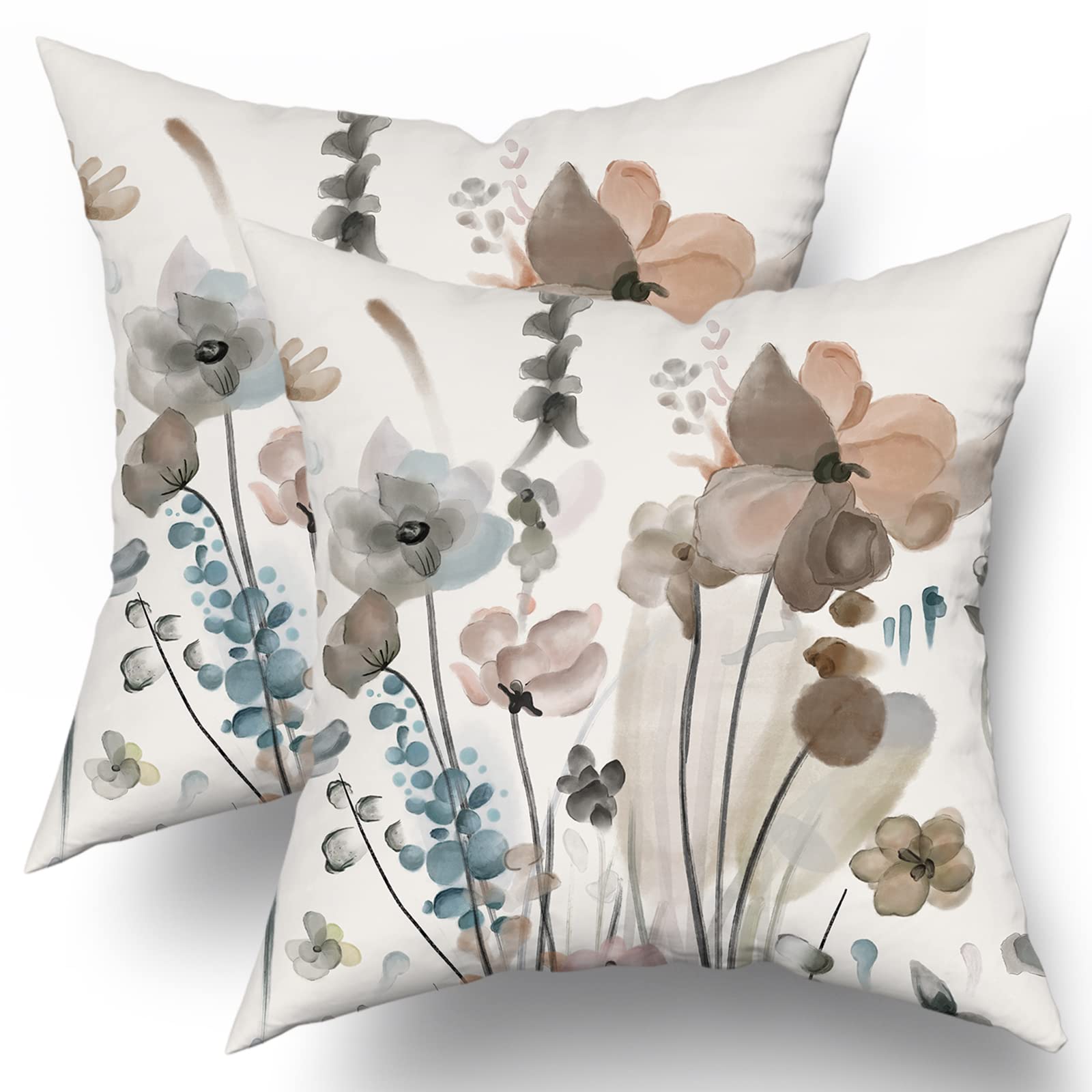 Brown Cream Grey Teal Floral Pillow Covers 16X16 Inch Watercolor Flower Couch Pillow Cases Rustic Abstract Modern Throw Pillows