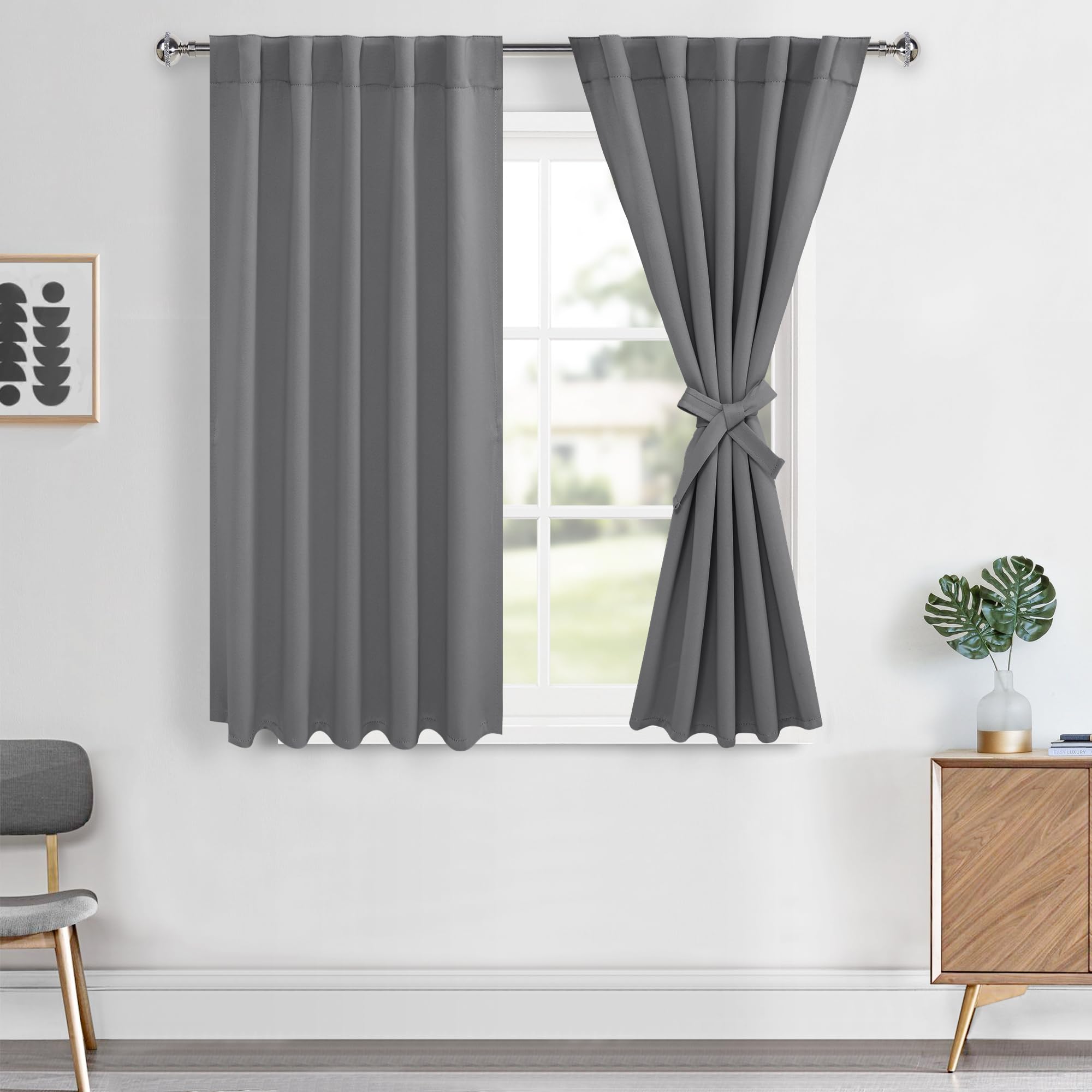 Hiasan Grey Blackout Curtains 54 inch Long, Light Blocking Thermal Insulated Rod Pocket & Back Tab Gray Drapes Sewn with Tieback