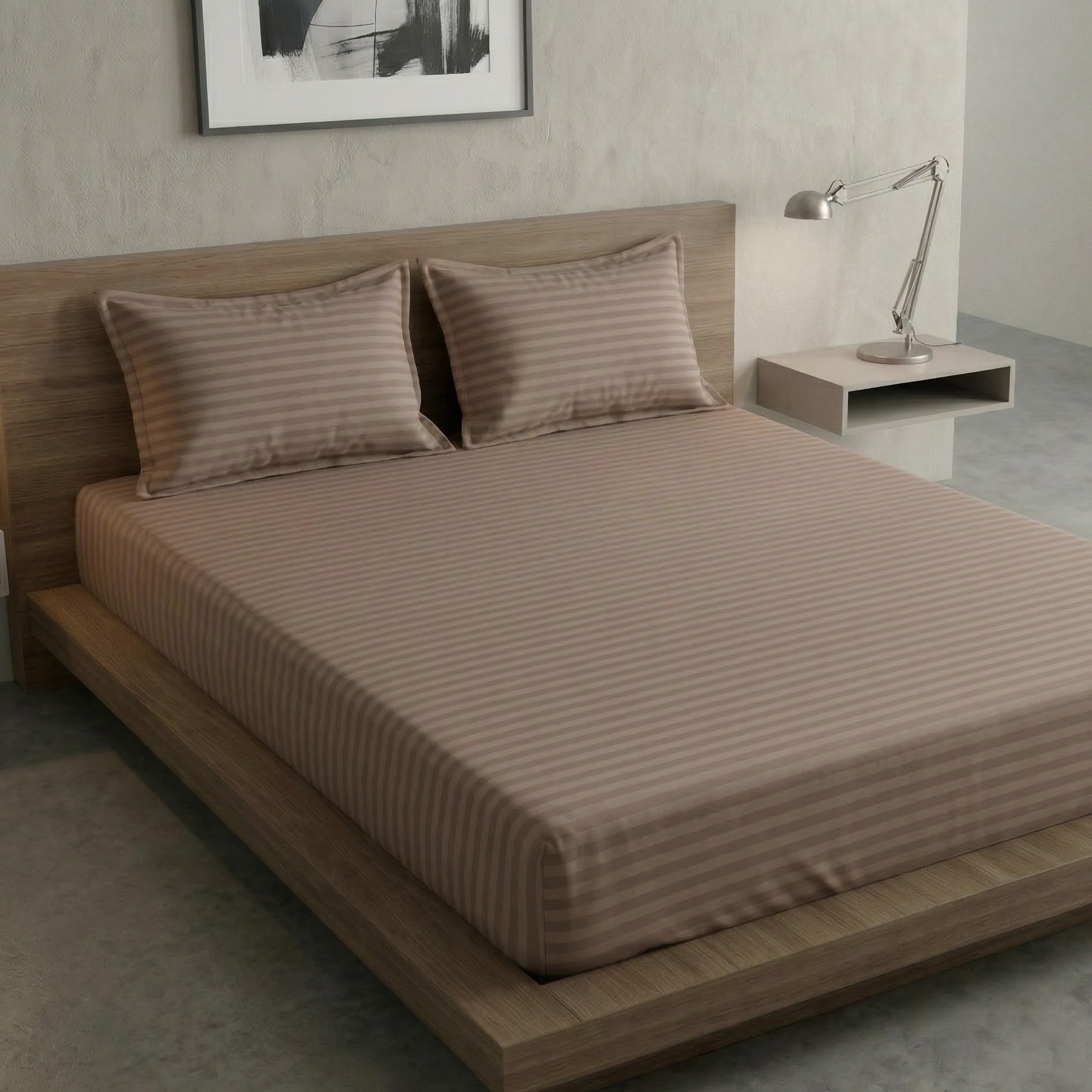 Home Sizzler Microfibre Beige Satin Stripe Elasticated Fitted Double Bedsheet (72X78 Inches) With 2 Pillow Covers