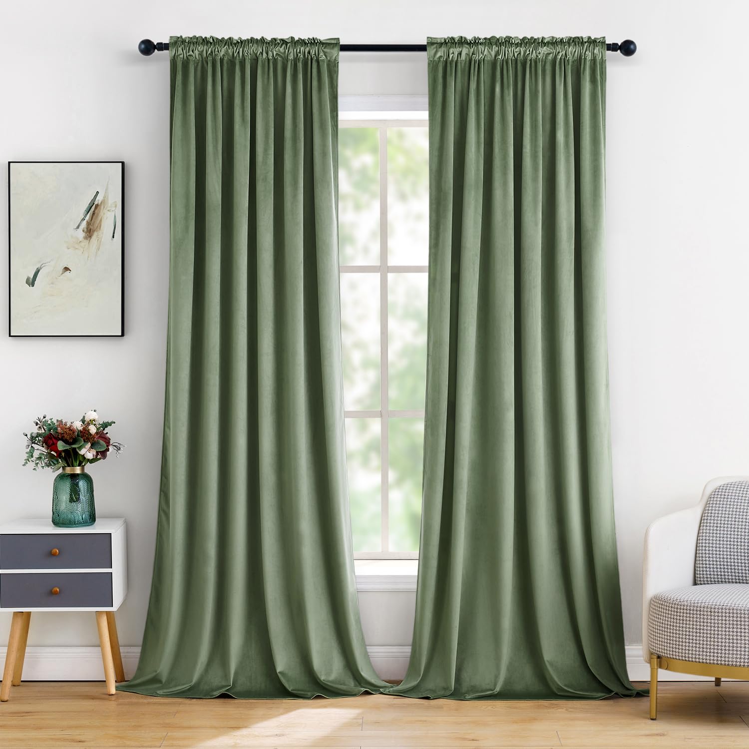 Miulee Velvet Curtains Sage Green Thermal Insulated Blackout Curtain Drapes For Bedroom Living Room Darkening 72 Inches Long Curtains Panels Rod Pocket Set Of 2
