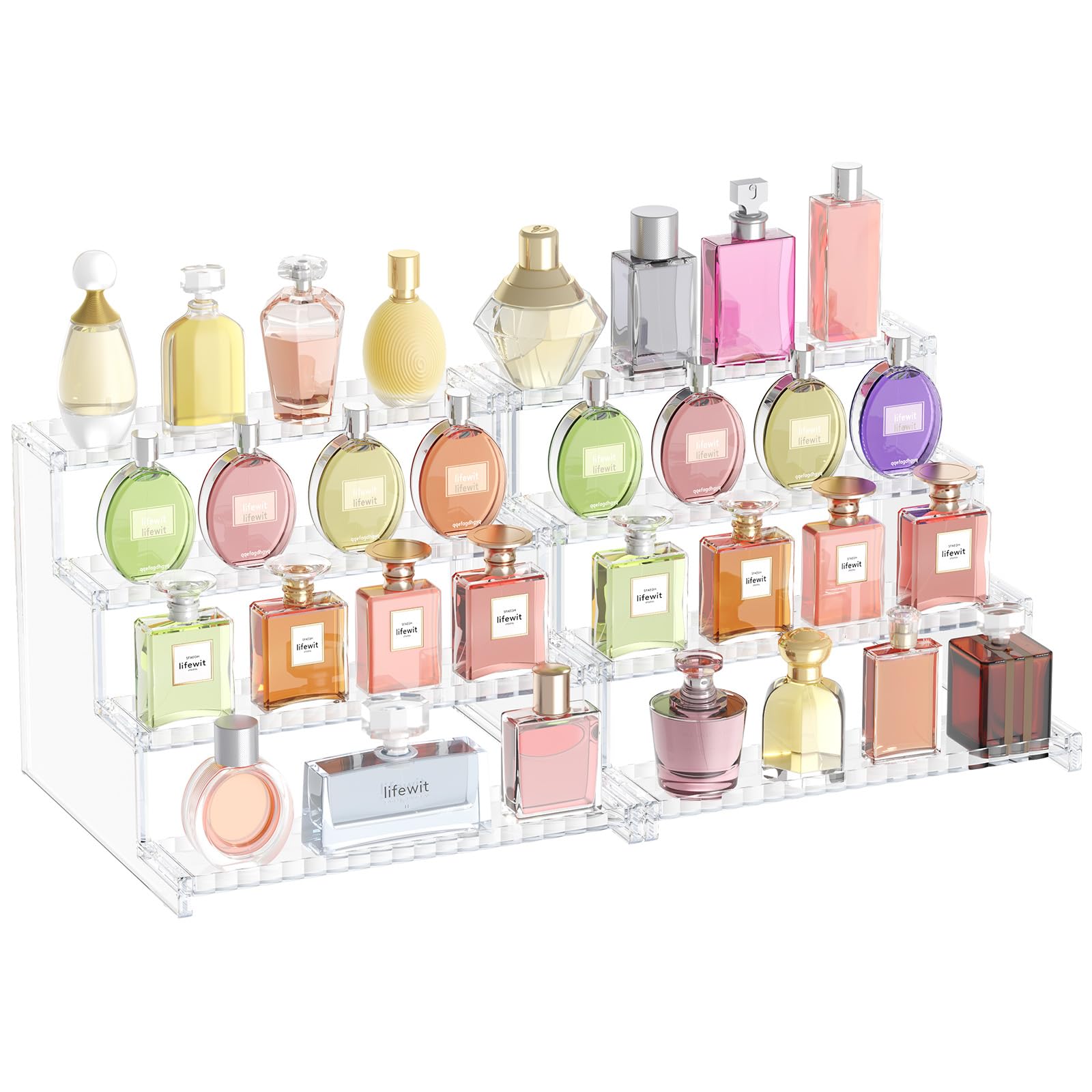 Lifewit 4 Tier Clear Display Risers Stand with Decorative Fences, Plastic Perfume Organizer, Display for Figures, Cupcake, Desse