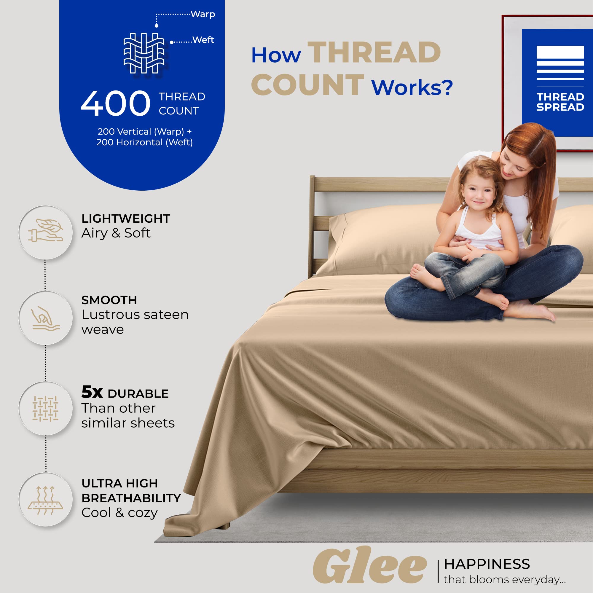 Thread Spread Full Size Sheets Cotton - 400 Thread Count 4 Pc 100% Cotton Full Size Sheet Sets, 16?Deep Pocket Full Size Sheets Set, Cooling Full Sheet Set, Luxury Hotel Sheets & Pillowcases (Taupe)