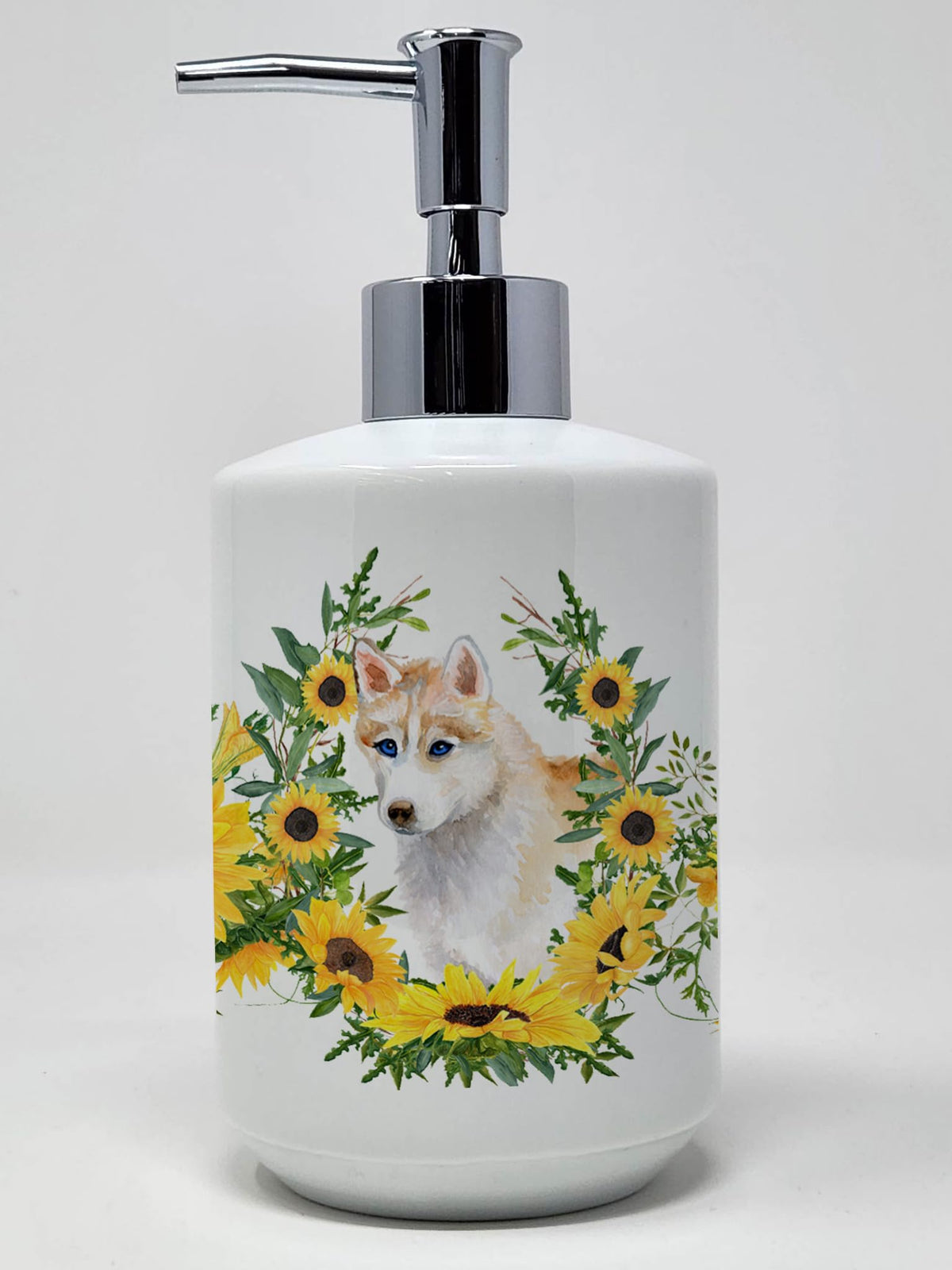 Caroline's Treasures CK2847SOAP Siberian Husky in Sunflowers Ceramic Soap Dispenser Hand Soap Dispenser Pump Bottles for Bathroo