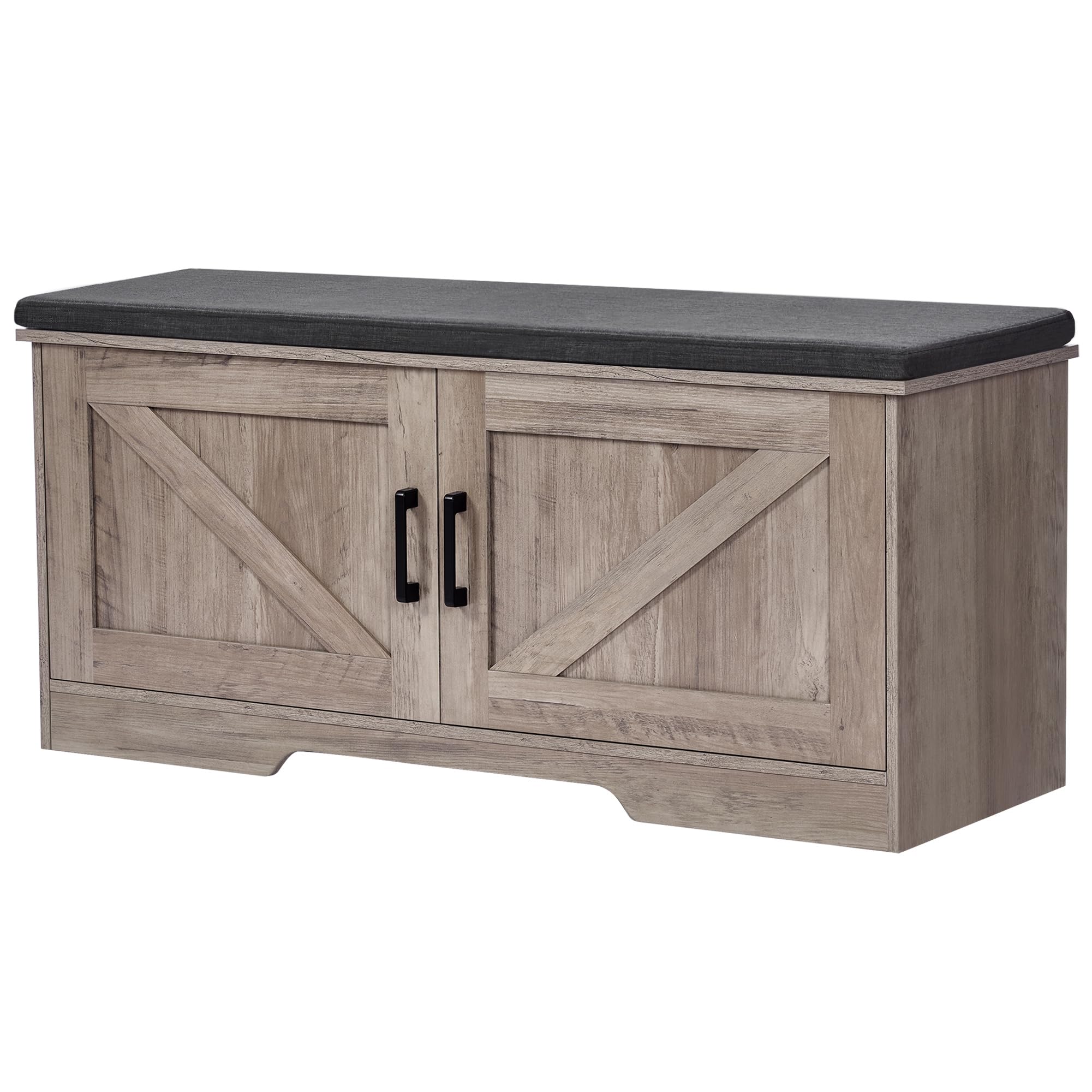 HOMSHO 2-Tier Storage Bench, Shoe Bench with Padded Seat Cushion, Entryway Bench with 2 Barn Doors, Adjustable Shelf, 13.8 D x 3