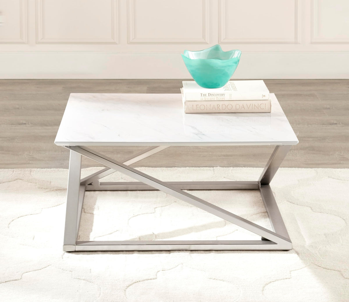 Steve Silver Co Zurich Contemporary Faux Marble Coffee Asymmetrical Matte Chrome Base Table, 36 x 36 x 18, White