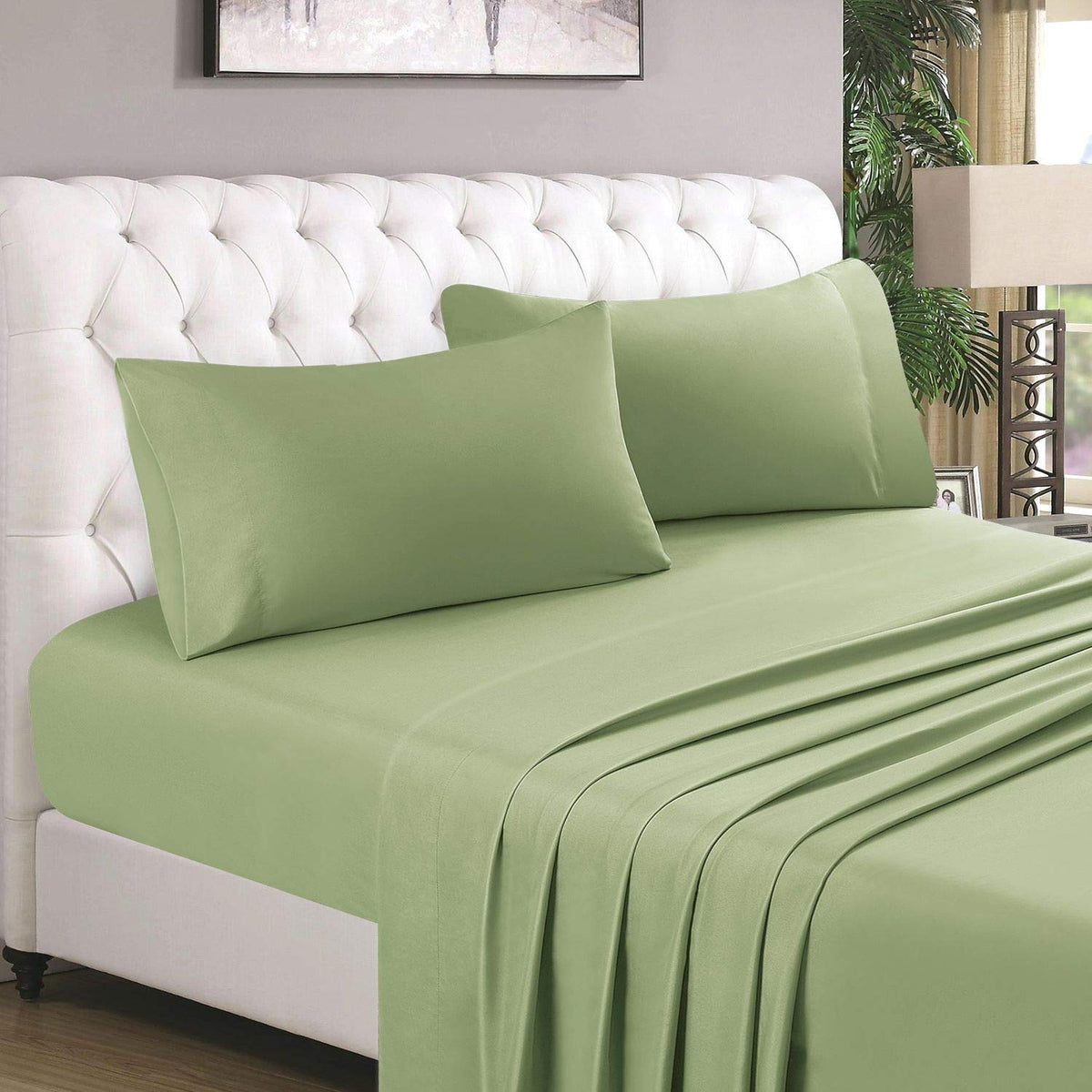Homeideas 4 Piece Bed Sheets Set (Queen, Sage Green), 1800 Bedding Soft Brushed Microfiber Luxury Sheets, Deep Pockets, Easy Car