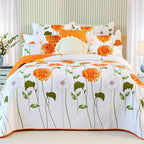 Evenhug 100% Cotton Quilt King Size Orange Sunflower Bedding Set Floral Lightweight Quilt Reversible Coverlet Bedspread With 2 P