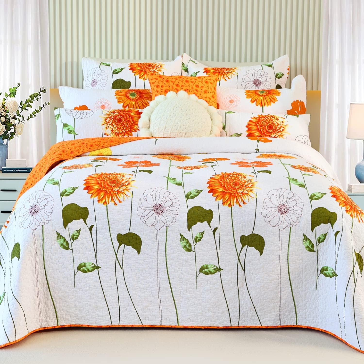 Evenhug 100% Cotton Quilt King Size Orange Sunflower Bedding Set Floral Lightweight Quilt Reversible Coverlet Bedspread With 2 P