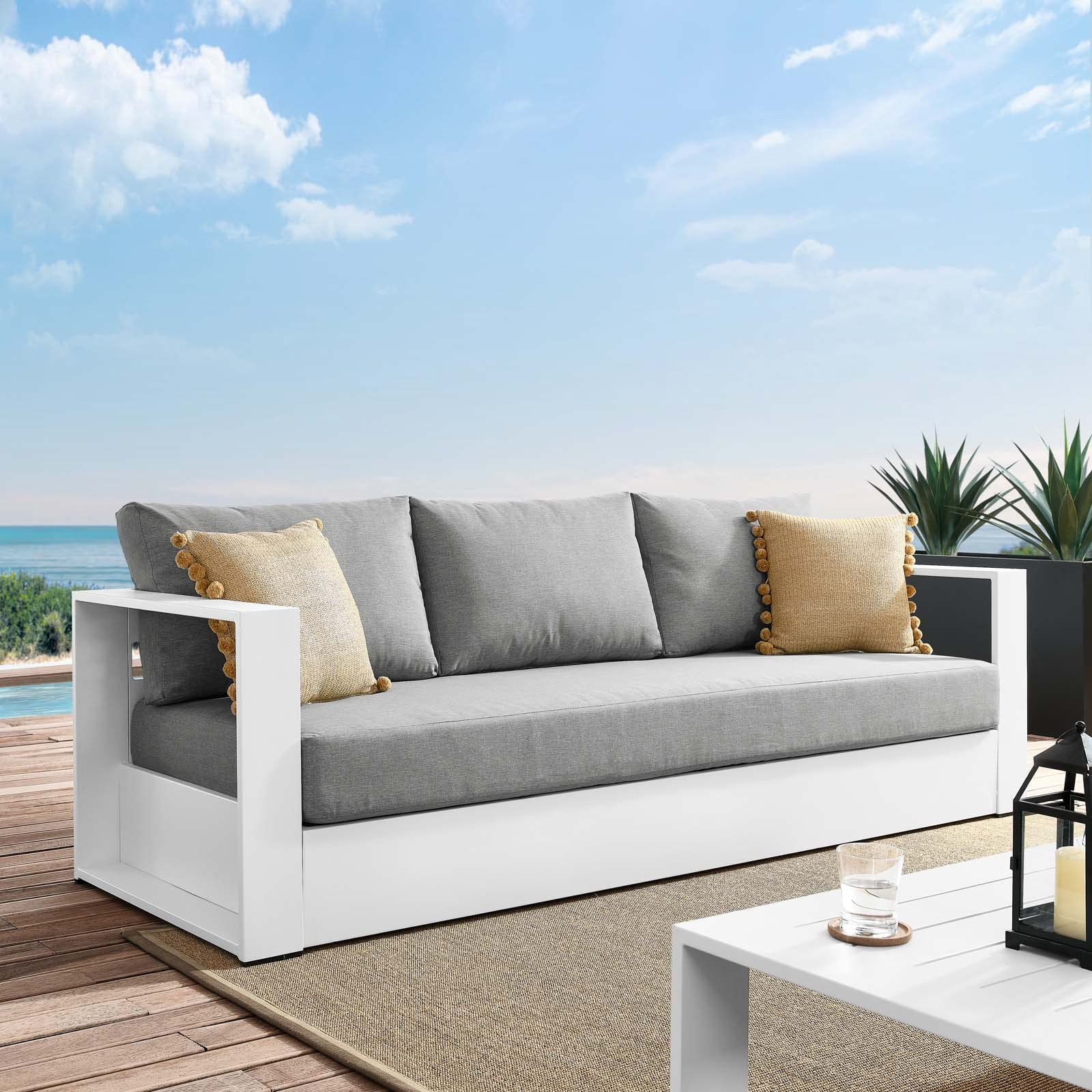 Modway Tahoe Aluminum Outdoor Patio Sofa In White Gray