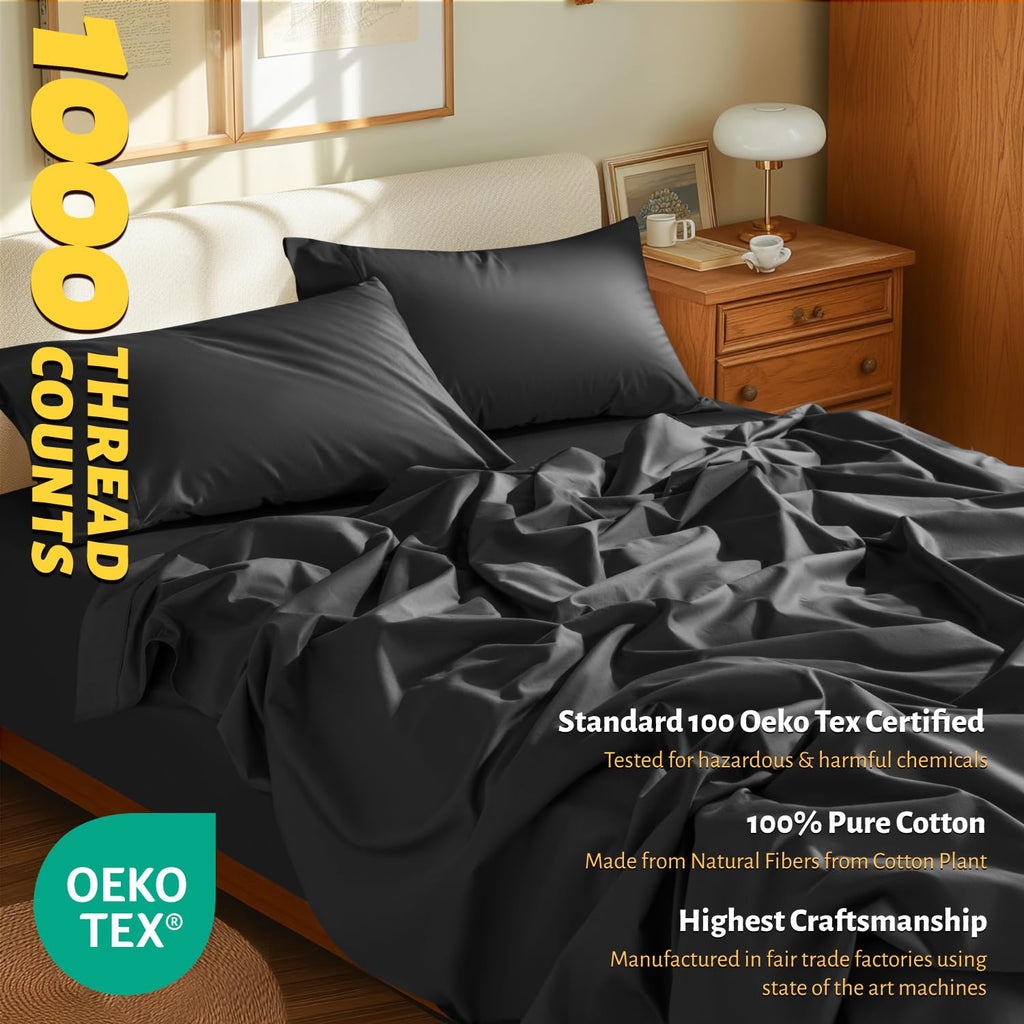 Shilucheng 100% Egyptian Cotton Sheets Set - 1000 Thread Count,Luxury Cotton Bed Sheets,Breathable & Cooling Bedding And Pillow Cases, 16 Inch Deep Pocket - 4 Piece (Black, Full)
