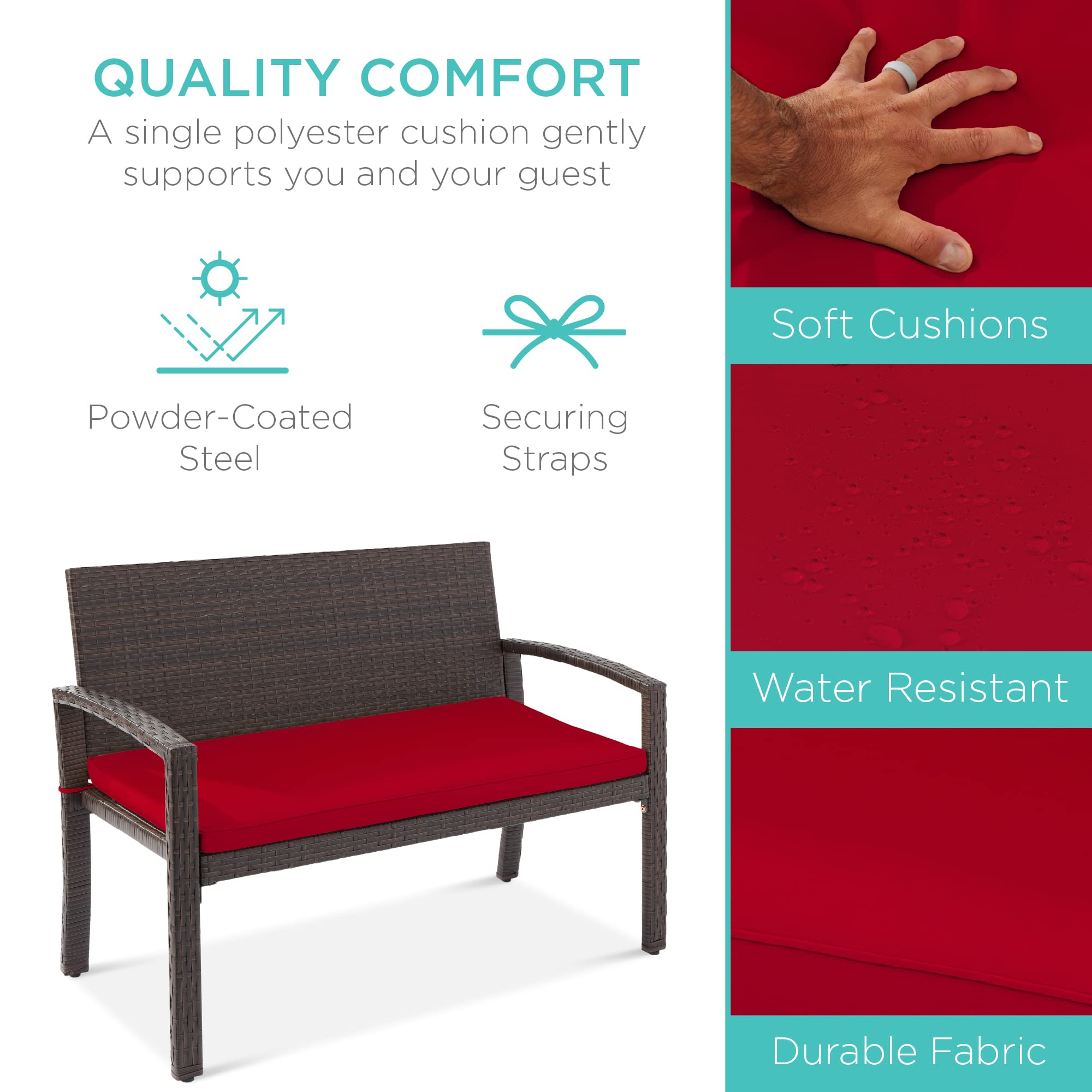 Best Choice Products Outdoor Bench 2-Person Wicker Garden Patio Benches Seating Furniture For Backyard, Porch W/Seat Cushion, 700Lb Capacity - Brown/Red