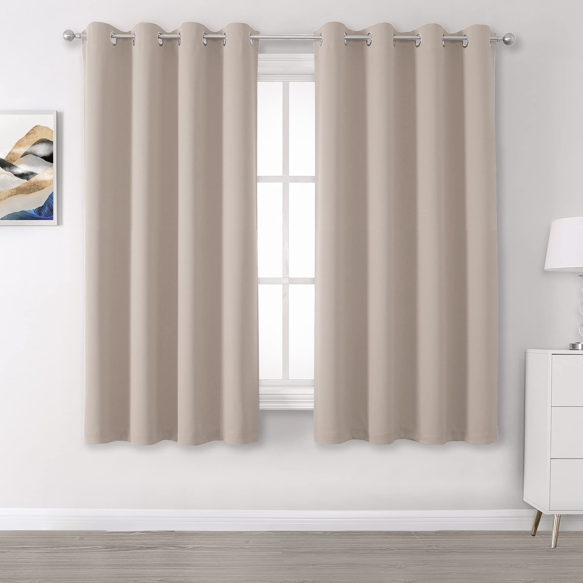 DUALIFE Light Brown Curtains for Bedroom Short Windows Solid Blackout Curtain Panels Thermal Insulated Grommet Top Room Darkenin