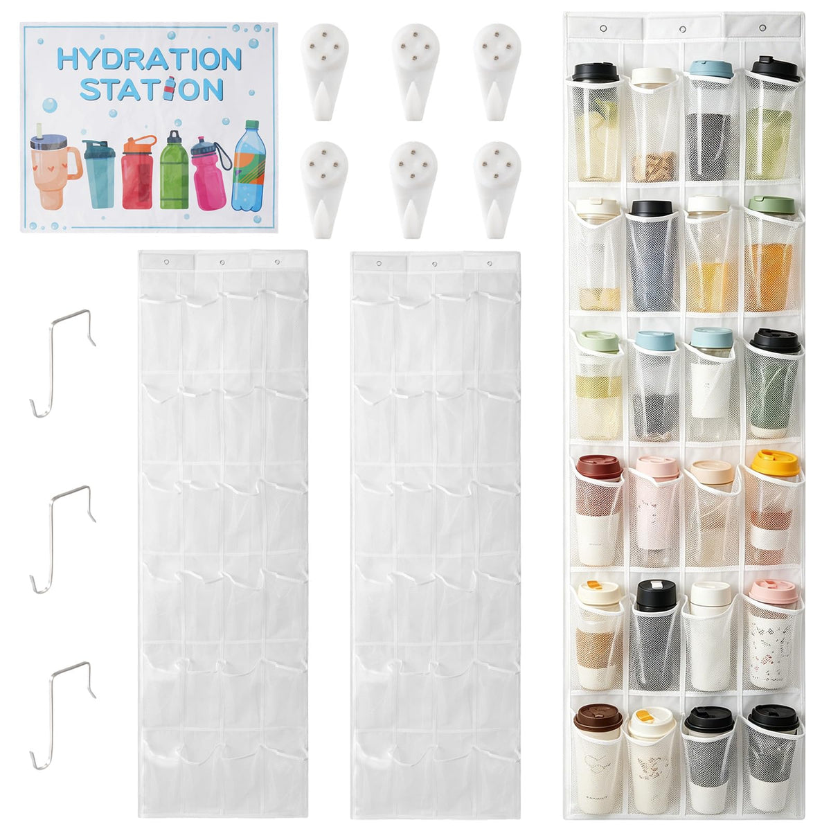 HFYZZ 2 Pcs Water Bottle Organizer for Classroom 48 Holders Over the Door Hanging Storage Holderwith Hydration Station Sign Stic