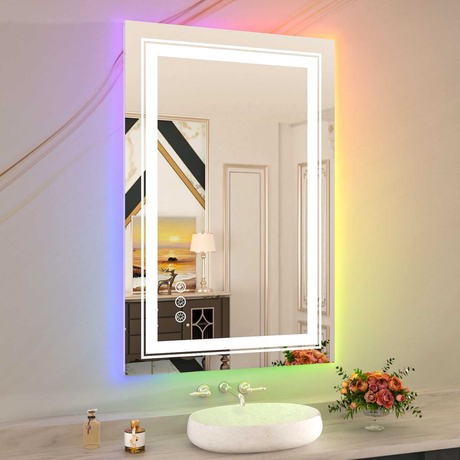 WTTY RGB LED Bathroom Mirror 24x36 with Backlit and 3 Front Light,Stepless Dimmable LED Mirror for Bathroom,Lighted Bathroom Van