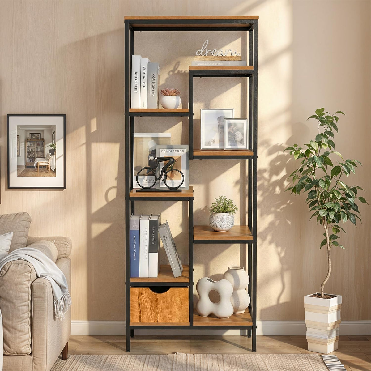 ABOUT SPACE Book Shelf for Home  7 Shelves,1 Bottom Drawer, Modern 19mm Metal Frame|Engineered Wood Book Rack for Study Room, B