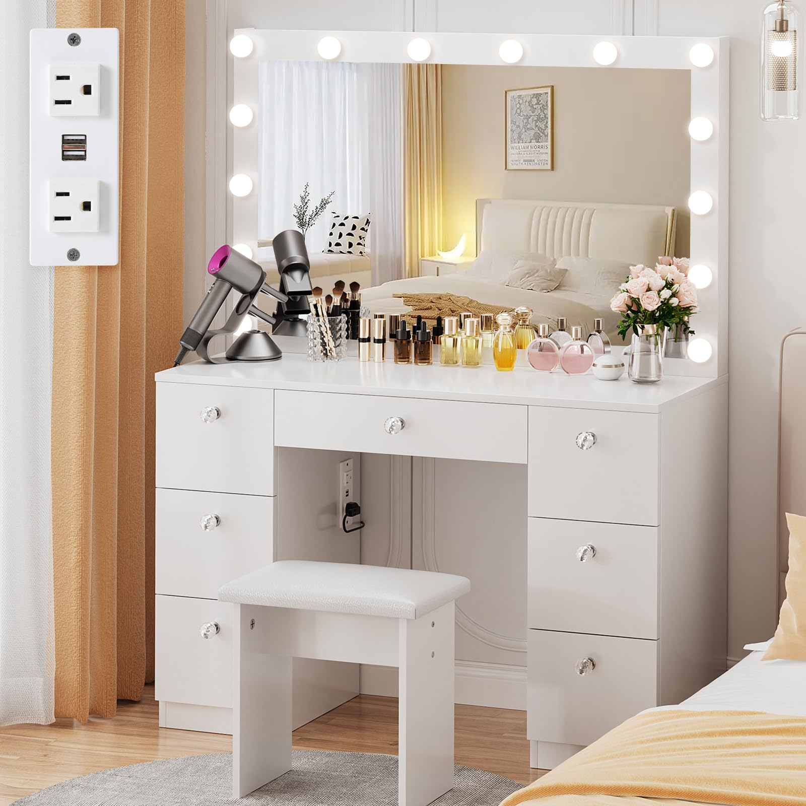 VOWNER Vanity with Lighted Mirror - Makeup Vanity Desk with Power Outlet and 7 Drawers, 3 Color Lighting Modes Adjustable Bright