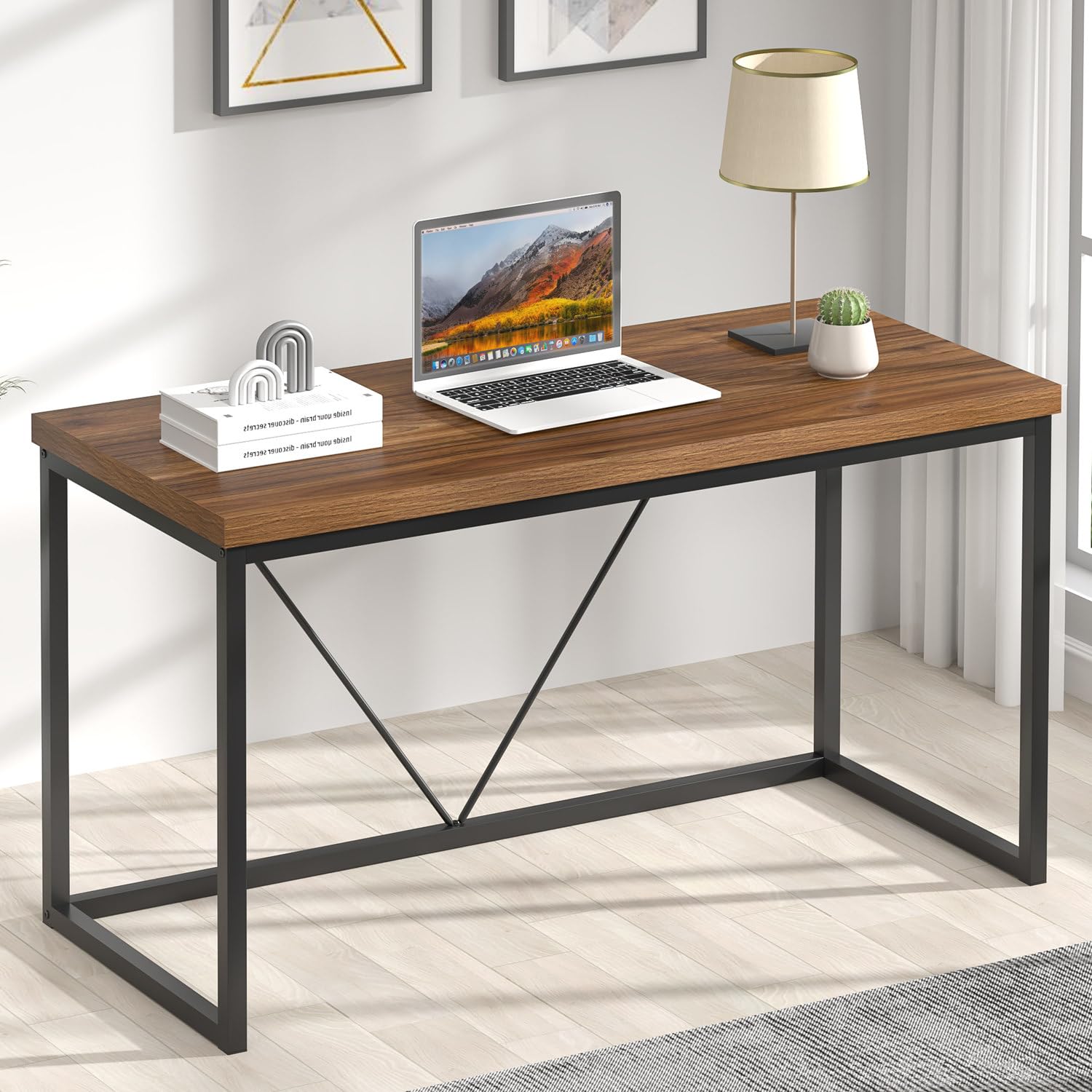 FOLUBAN Modern Computer Desk, Rustic Wood and Metal Study Writing Table, Simple Work Gaming PC Desk for Home Office, Walnut 53 I