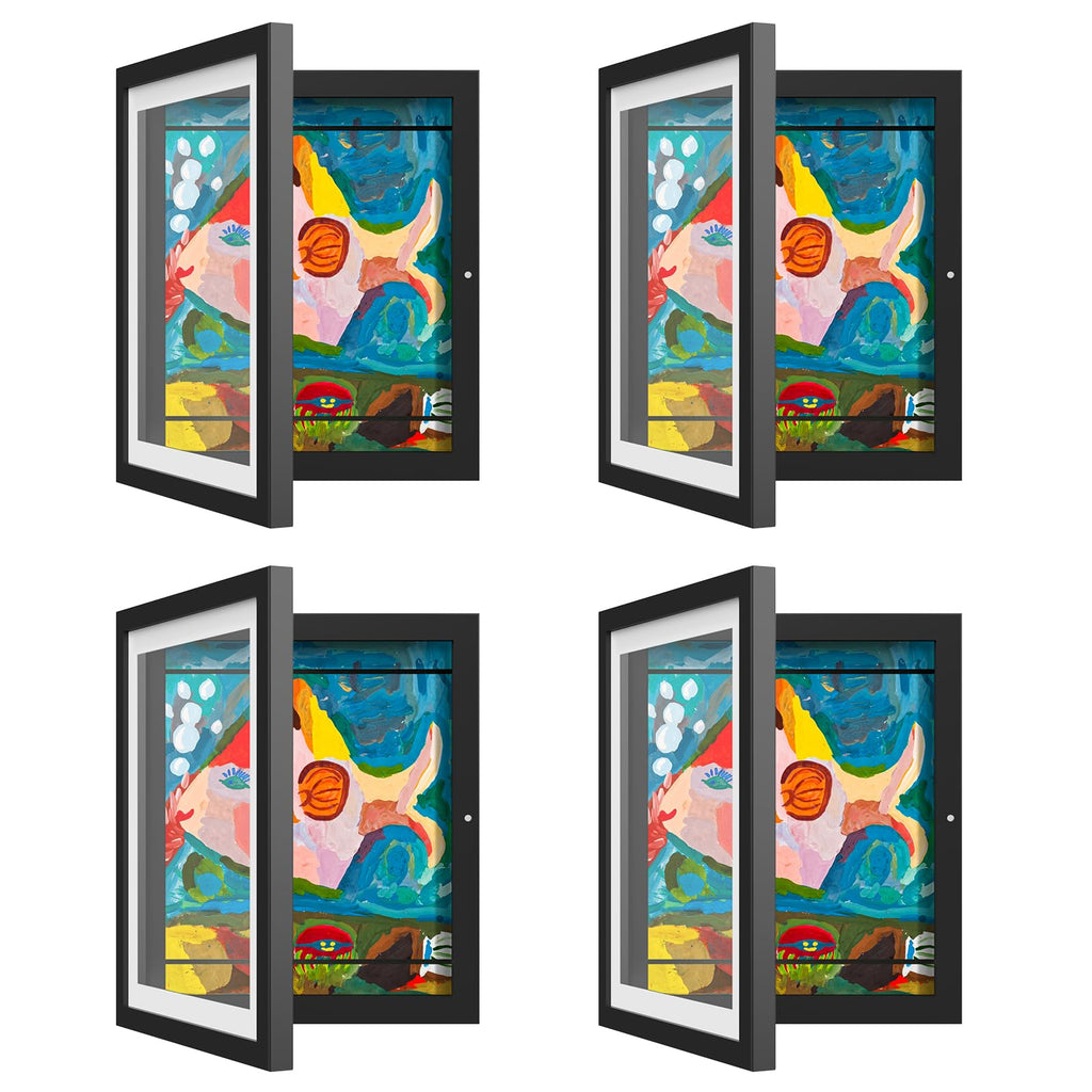 4 Pack Kids Art Frames, Kids Artwork Frames Changeable 8 x10.5 with Mat and 9 x12 Without Mat, Black Front Opening Children Pict