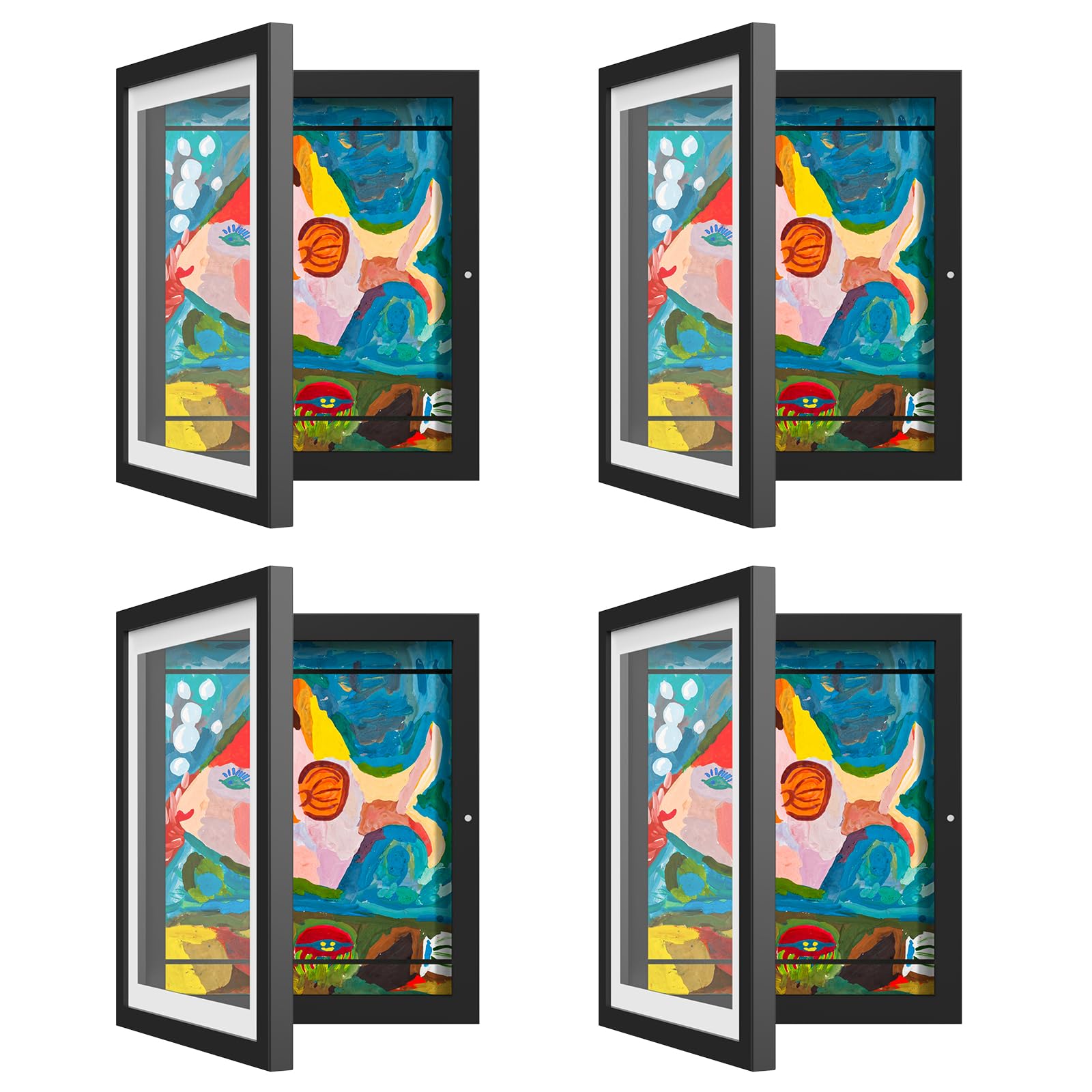4 Pack Kids Art Frames, Kids Artwork Frames Changeable 8 x10.5 with Mat and 9 x12 Without Mat, Black Front Opening Children Pict