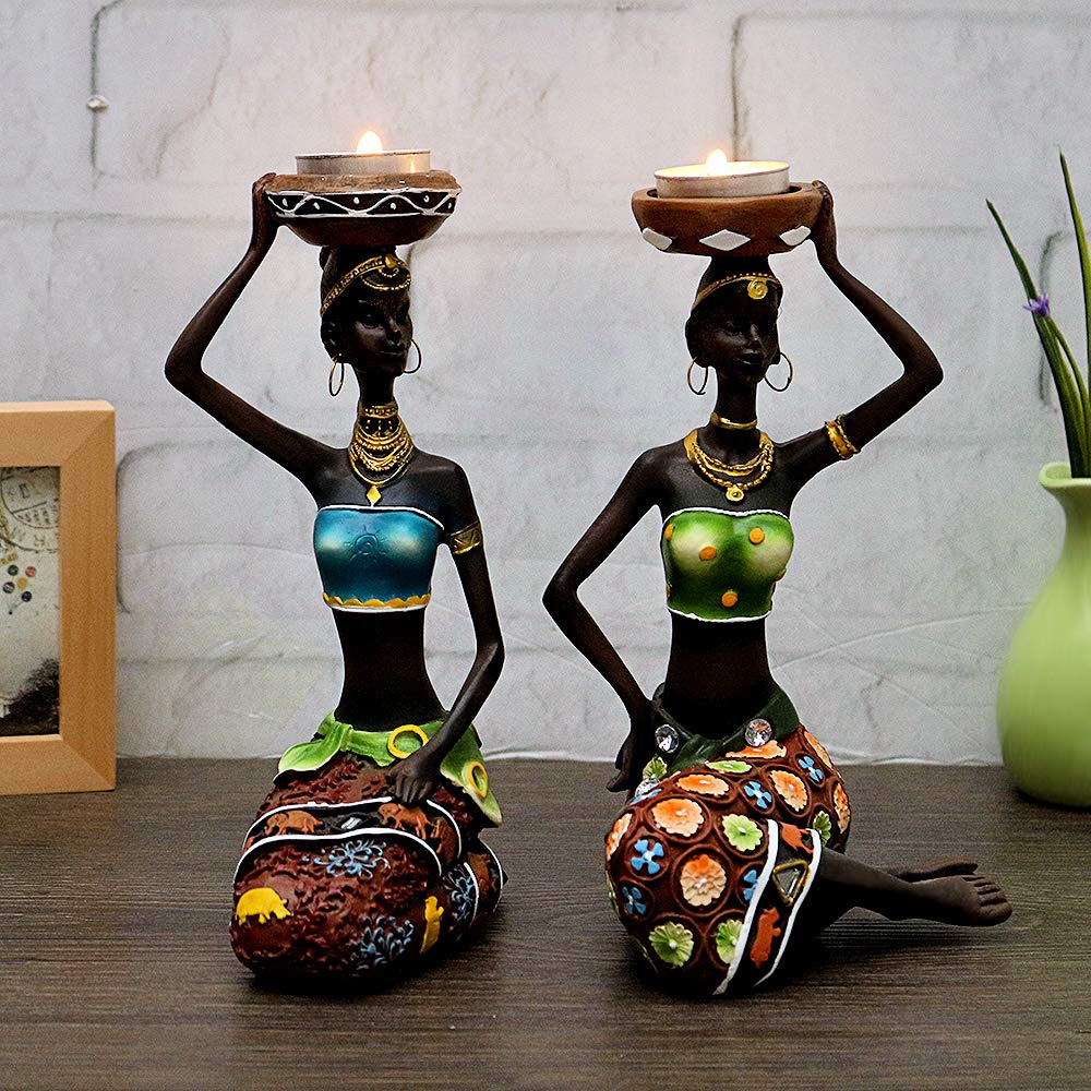 2 Pack African Women Sculpture,8.5in Black Tribal Lady Figure Figurine Candle Holder African American Women Statue Collectible A