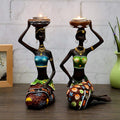 2 Pack African Women Sculpture,8.5in Black Tribal Lady Figure Figurine Candle Holder African American Women Statue Collectible A