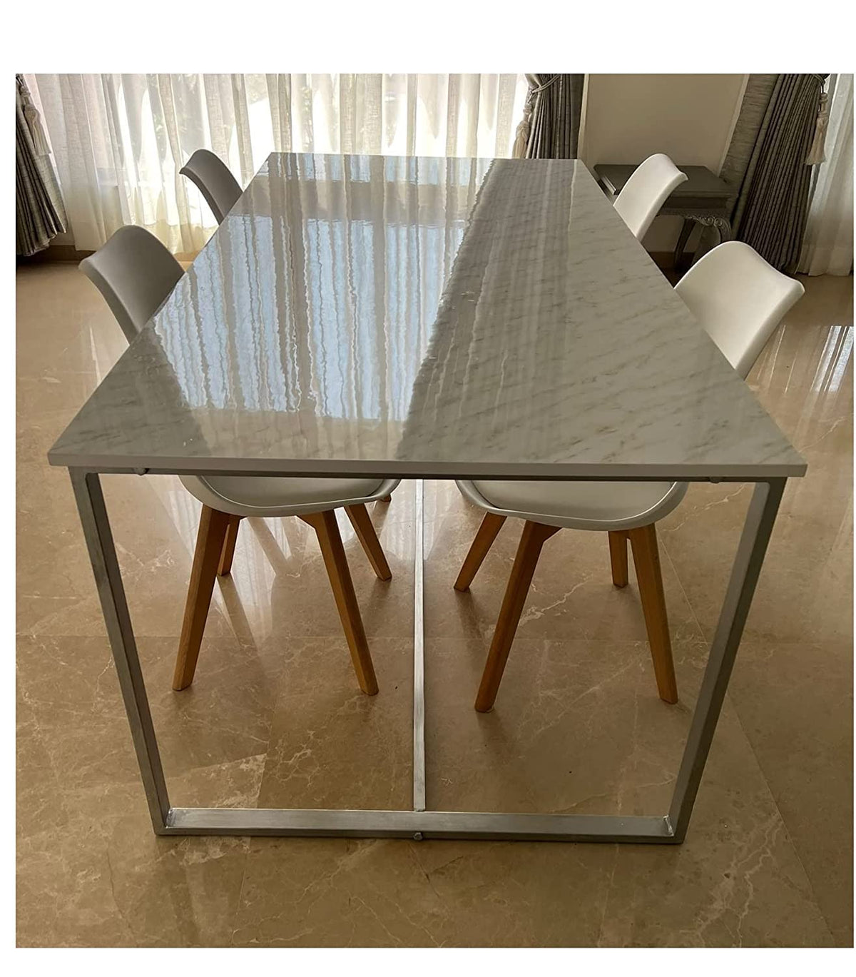 Dg Dexaglobal Dining Table Rectangular (White Glossy Marble Laminate With Gray Metal Frame Finish, 6 Seater (180 X 90 X74 Cm, Lb