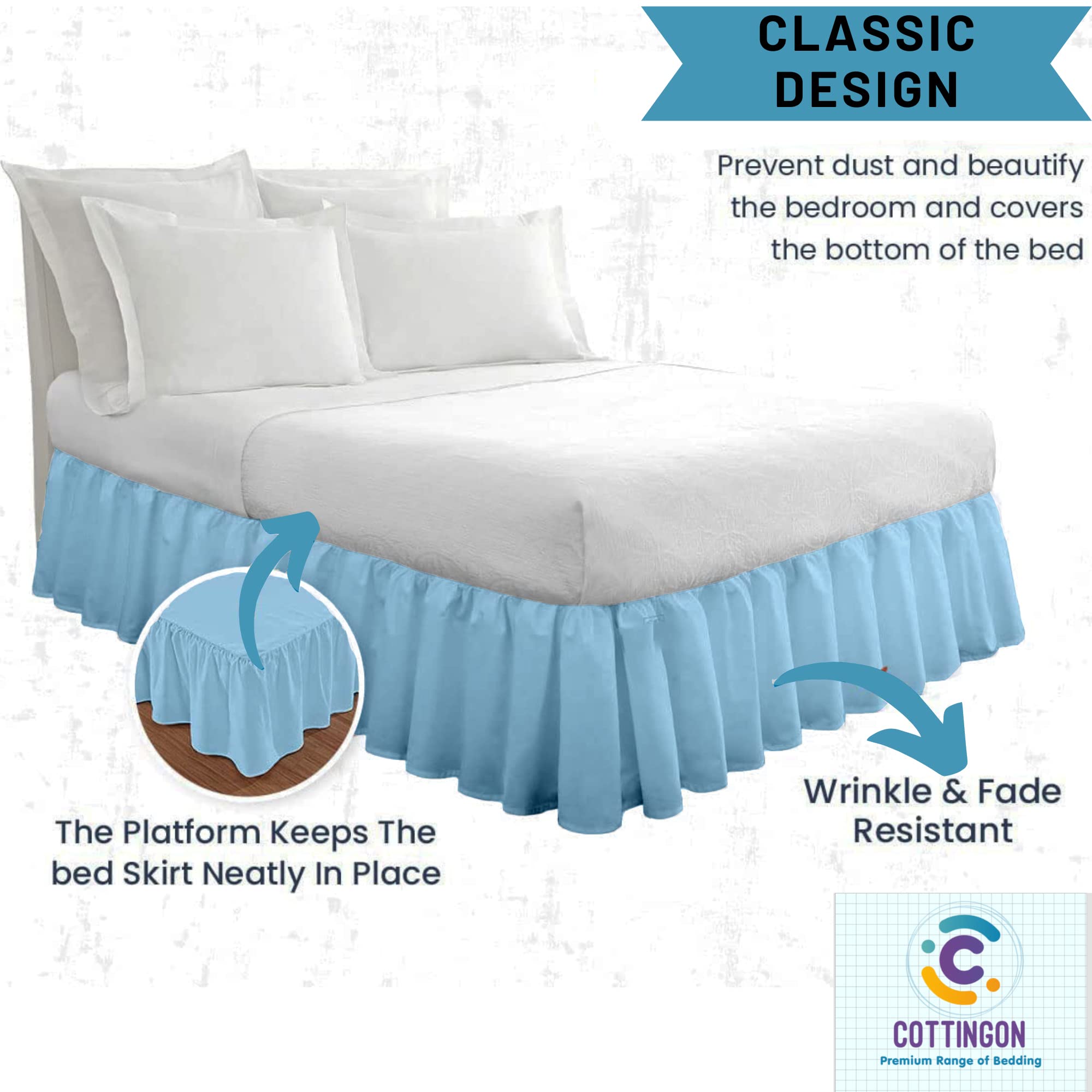 Ruffled Bed Skirt With Split Corners-Dust Ruffle - 14'' Drop 100% Microfiber Soft,Sheen & Luxurious Look - Bed Skirts (Light Blu