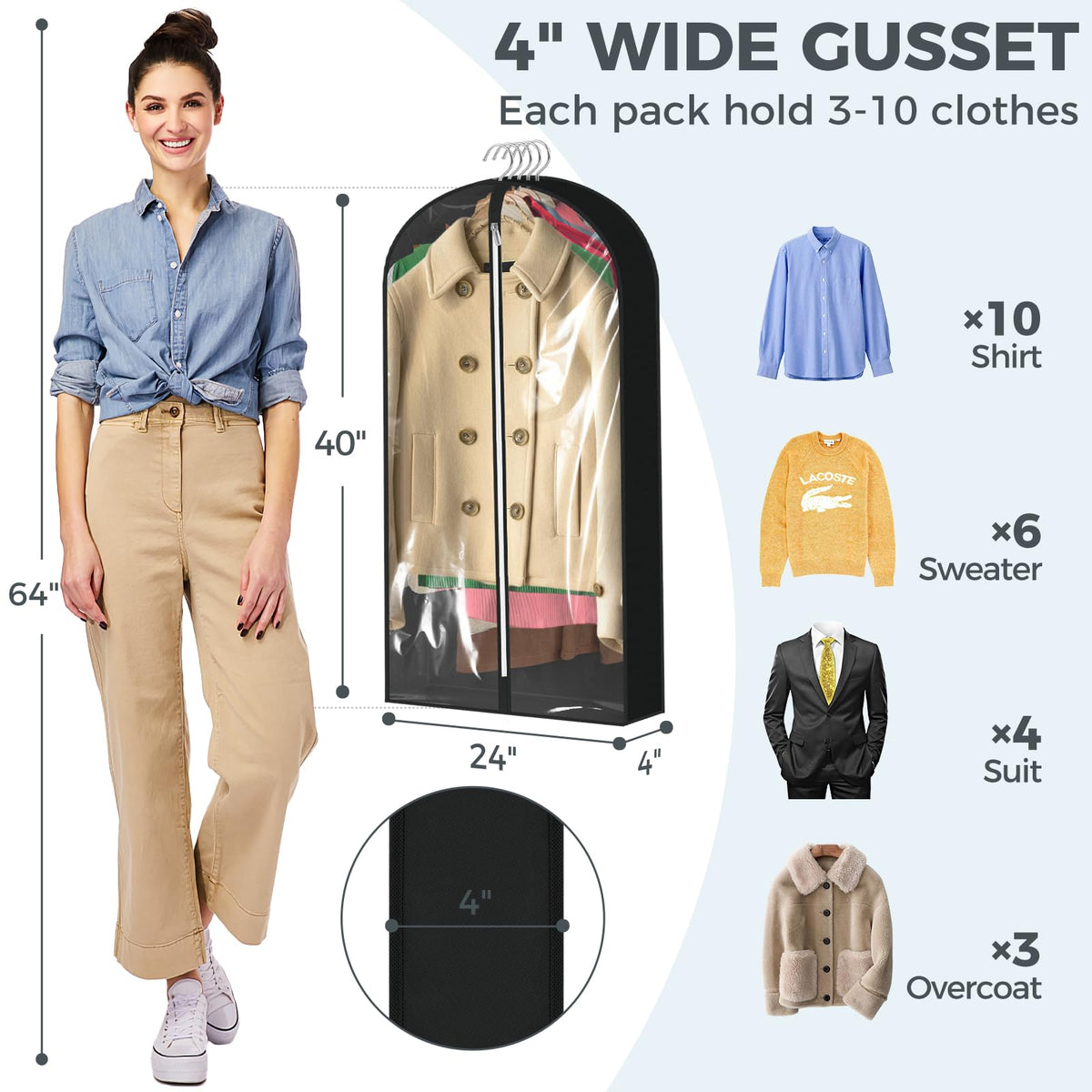 4 Pack 60'' Clear Garment Bags For Hanging Clothes, Suit Bags For Closet Storage, Clothing Storage, Garment Bags For Travel Cove