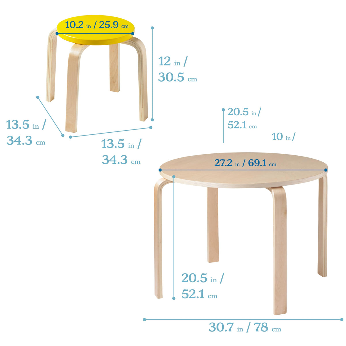 ECR4Kids 5-Piece Assorted Bentwood Round Table and Stool Set - Kids Furniture for Playrooms and Classrooms