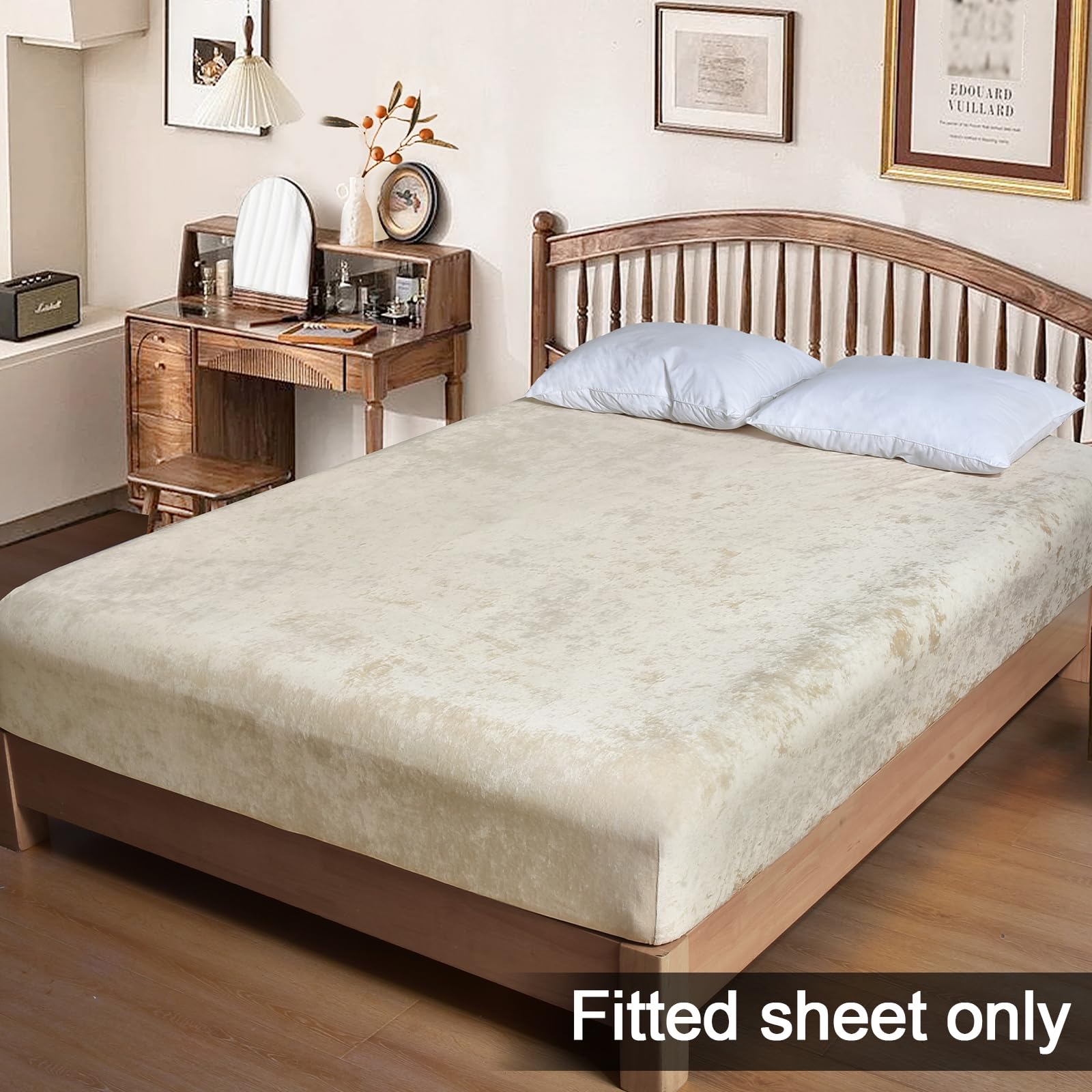 Phf Truly Velvet Fitted Sheet Only Queen Size, Luxury Super Soft Cozy Comfy Fleece Bottom With 15' Deep Pocket, Suitable For Fall Winter And Spring, No Pillowcases, Sand