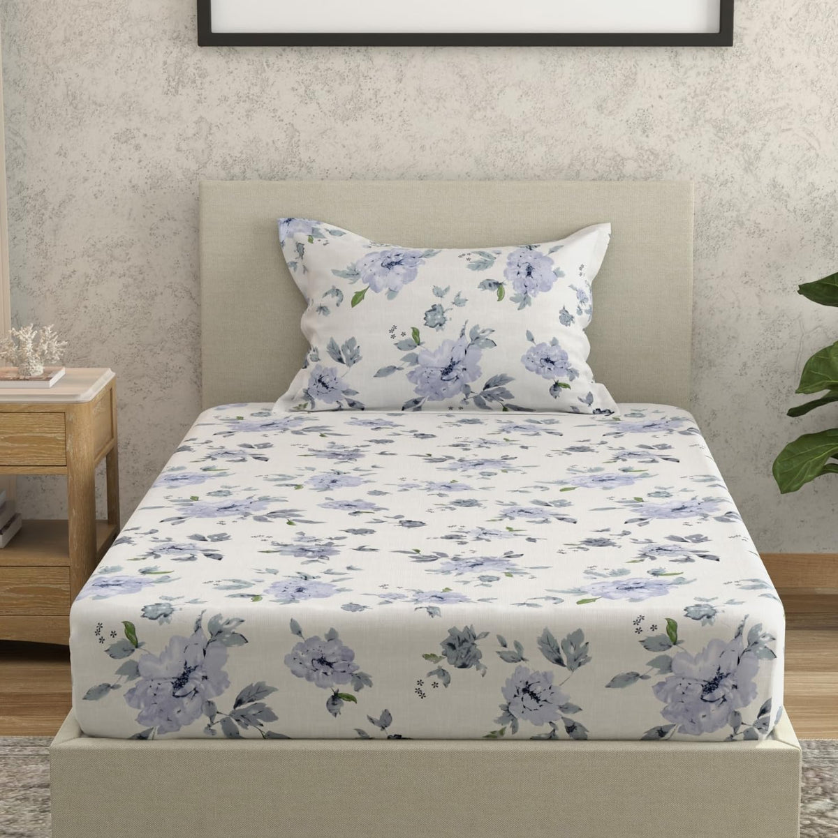 Huesland by Ahmedabad Cotton 144 TC Bedsheet for Single Bed with 1 Pillow Cover | White, Powder Blue & Grey