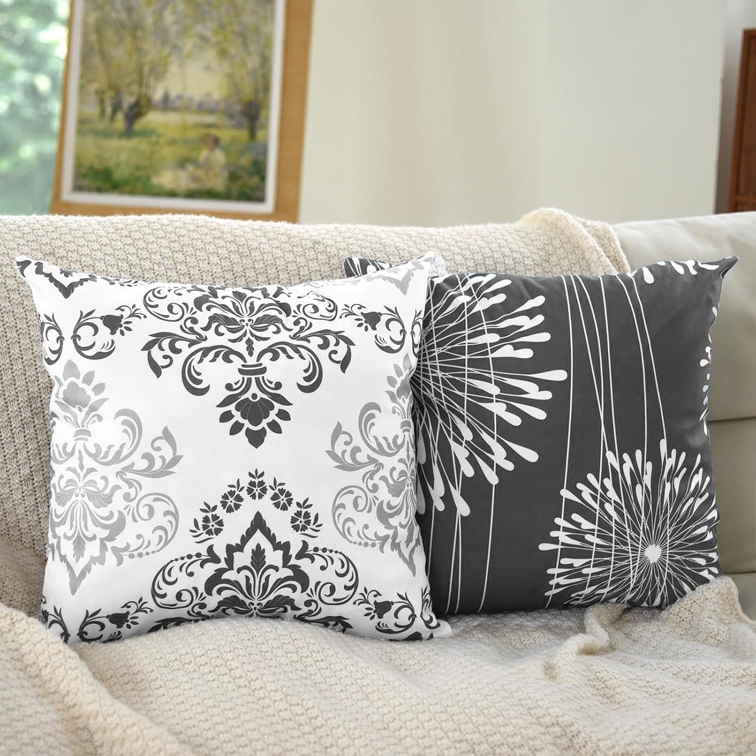 Decorative Throw Pillow Covers 16X16 Set Of 4, Dark Grey And White Modern Simple Square Pillow Case Cushion Cover For Sofa Couch